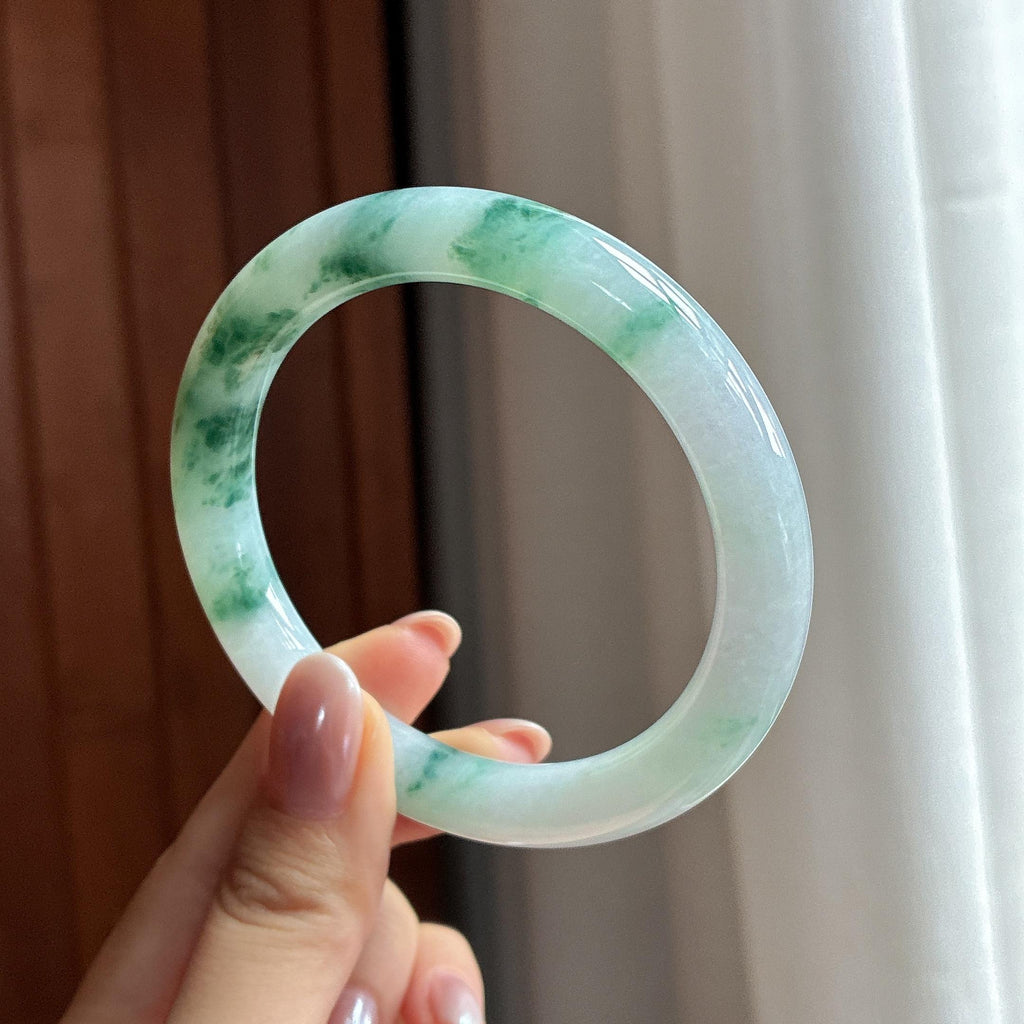糯冰飘花圆条手镯 57圈 天然缅甸A货翡翠（yc502418）