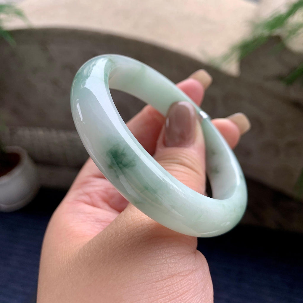 细糯种飘绿花正圈平安镯  54.5圈口  天然缅甸A货翡翠（yc441131）