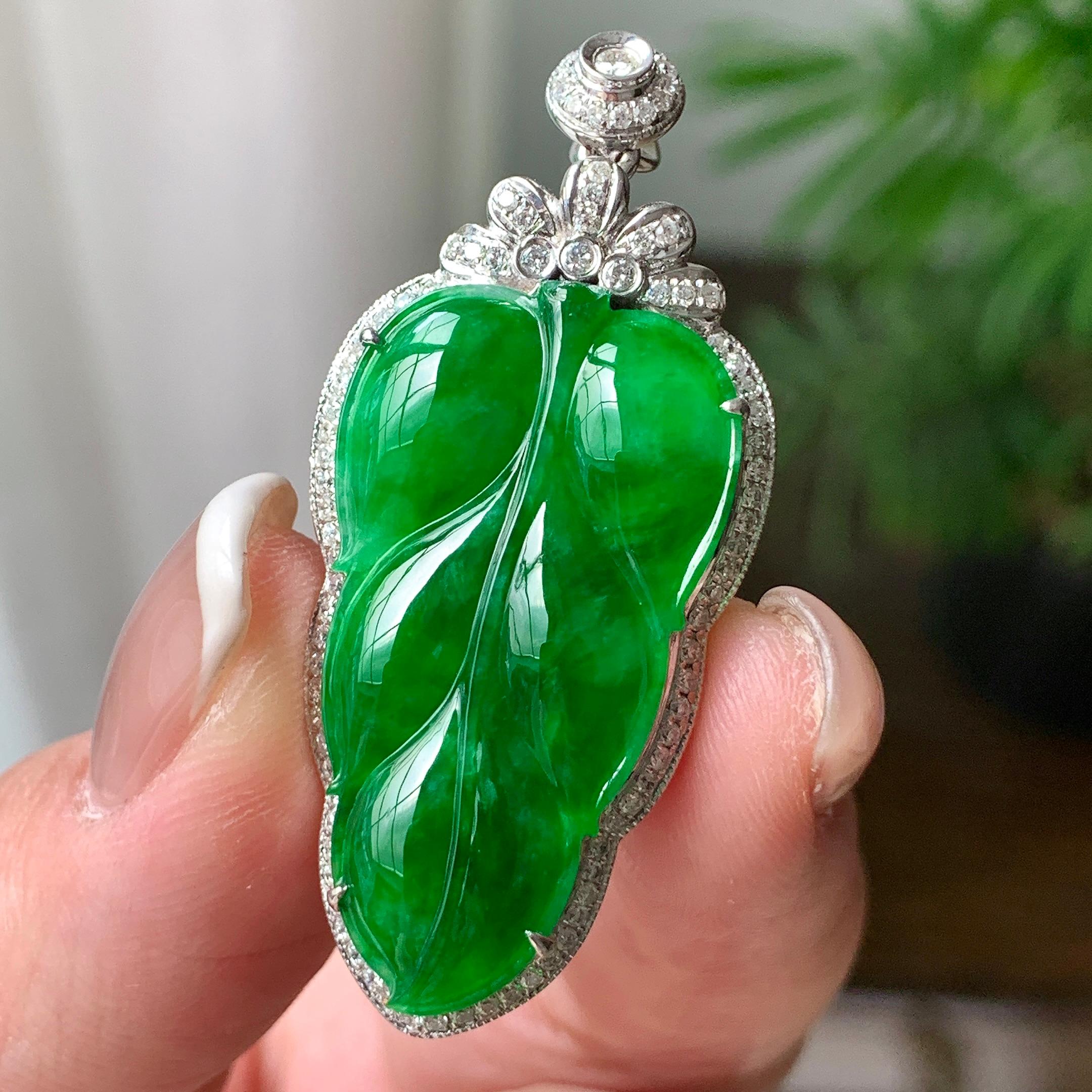 18K金钻镶糯冰种满绿叶子吊坠  天然缅甸A货翡翠（yc362095）