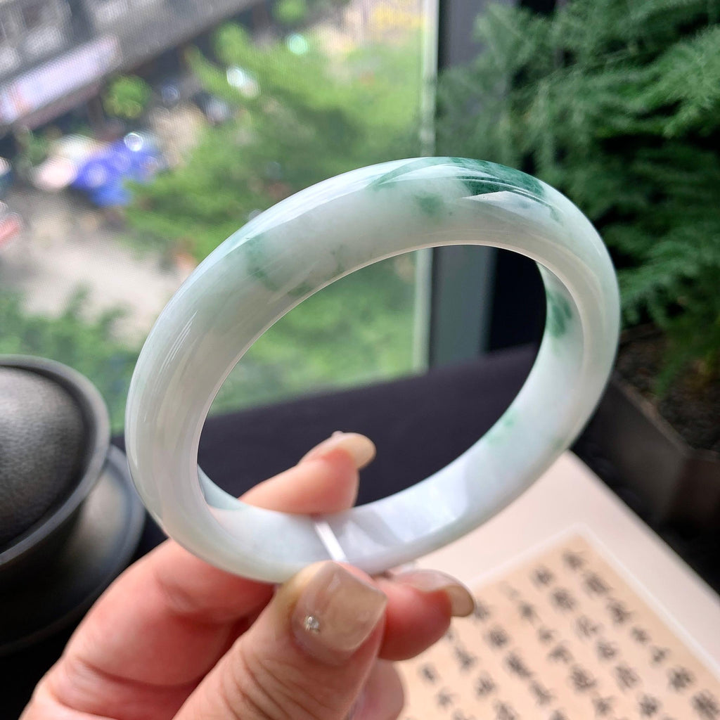 大圈口 细糯种飘绿花正圈平安镯 59圈口 天然缅甸A货翡翠（yc477608）