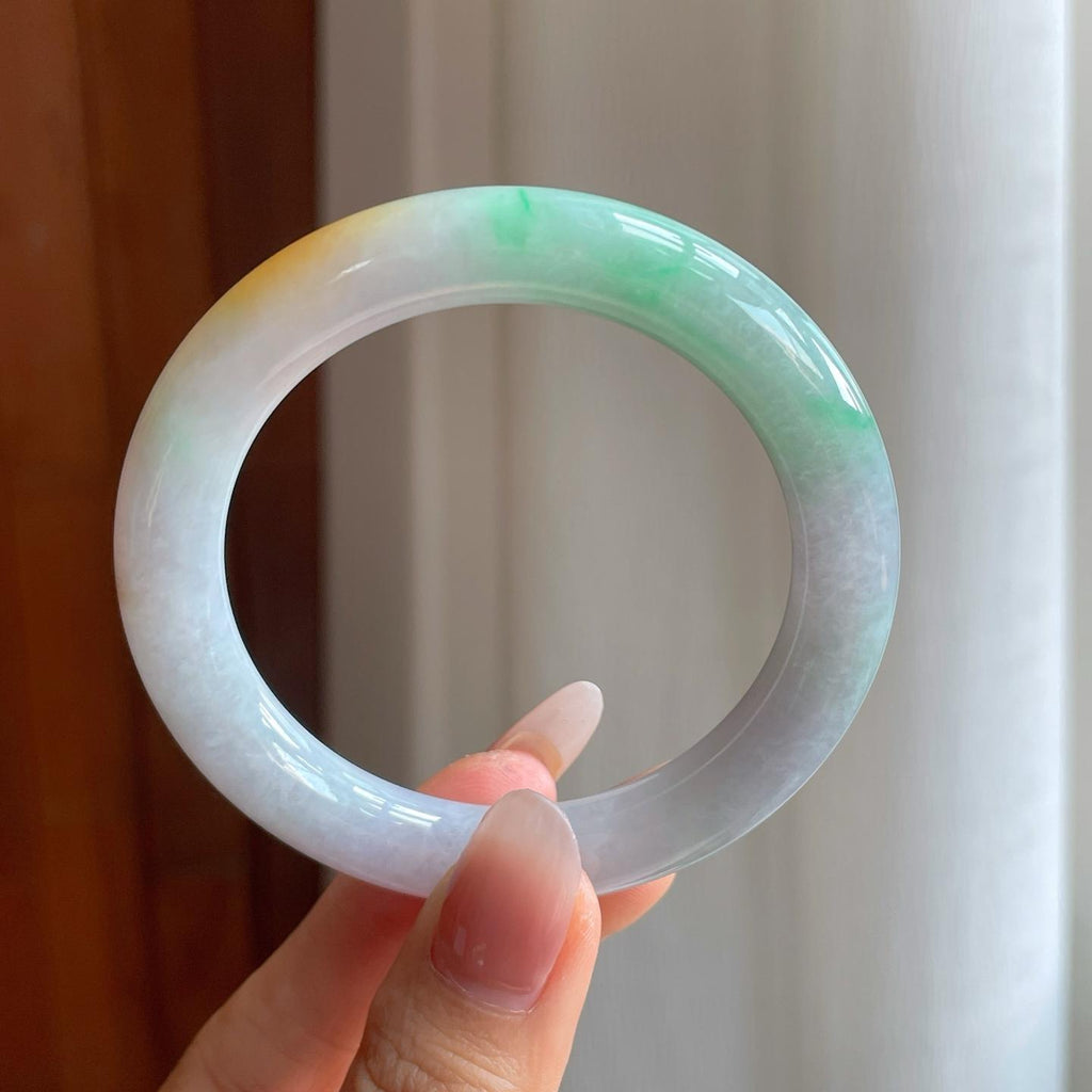 糯冰黄加绿翡翠圆条手镯（53.2mm）（yc310619）