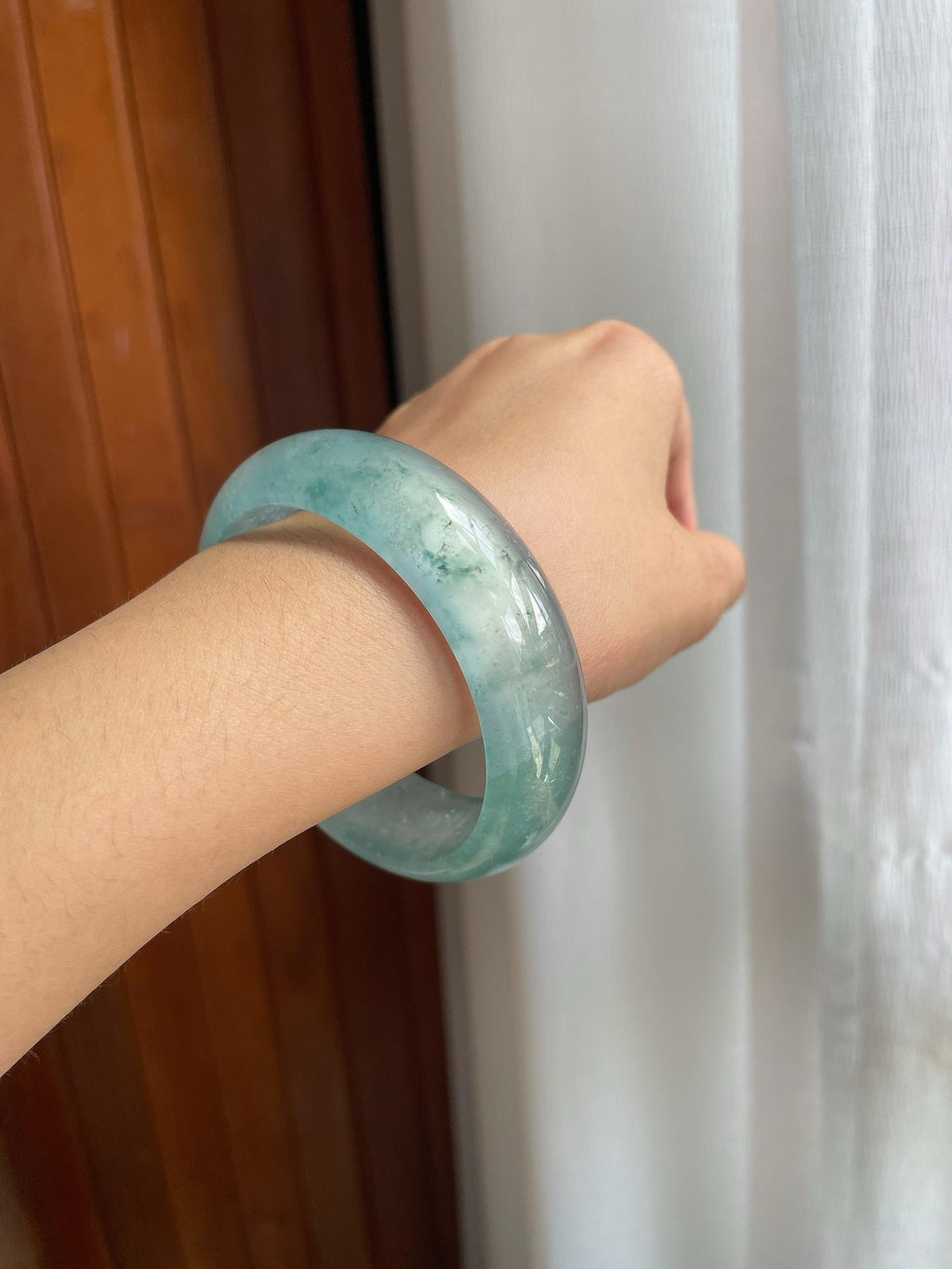 冰玻种飘花翡翠宽版平安镯（57mm）（yc210150）