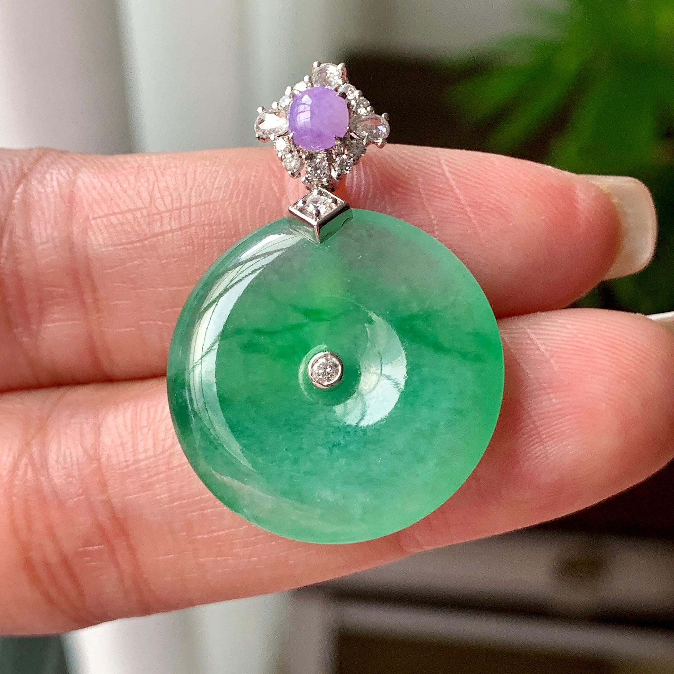 18K金钻镶糯冰种飘阳绿平安扣吊坠 天然缅甸A货翡翠（yc369974）