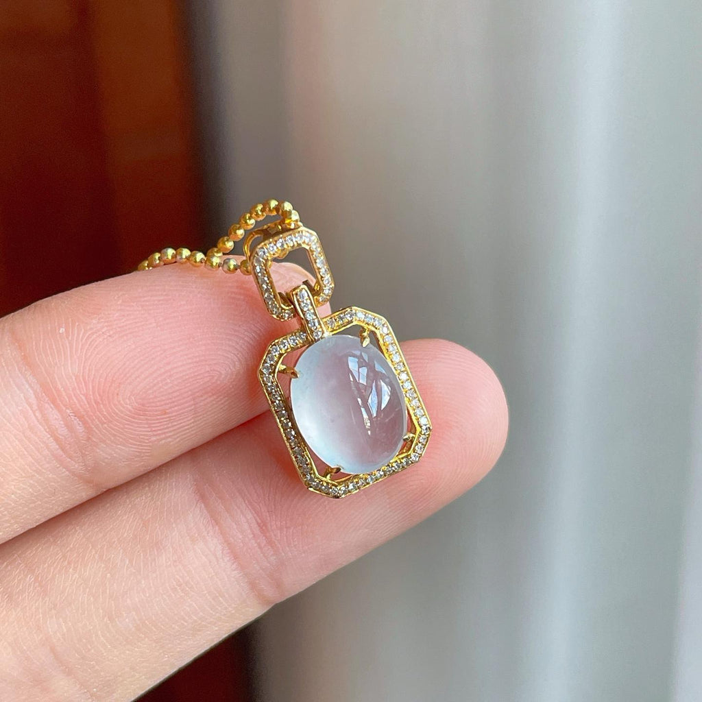 18k金钻镶冰种无色翡翠蛋面（yc255696）