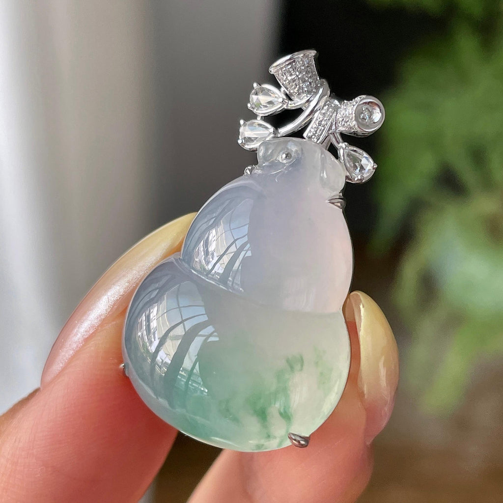 18k金镶糯冰种飘花葫芦吊坠         天然缅甸A货翡翠（yc454810）