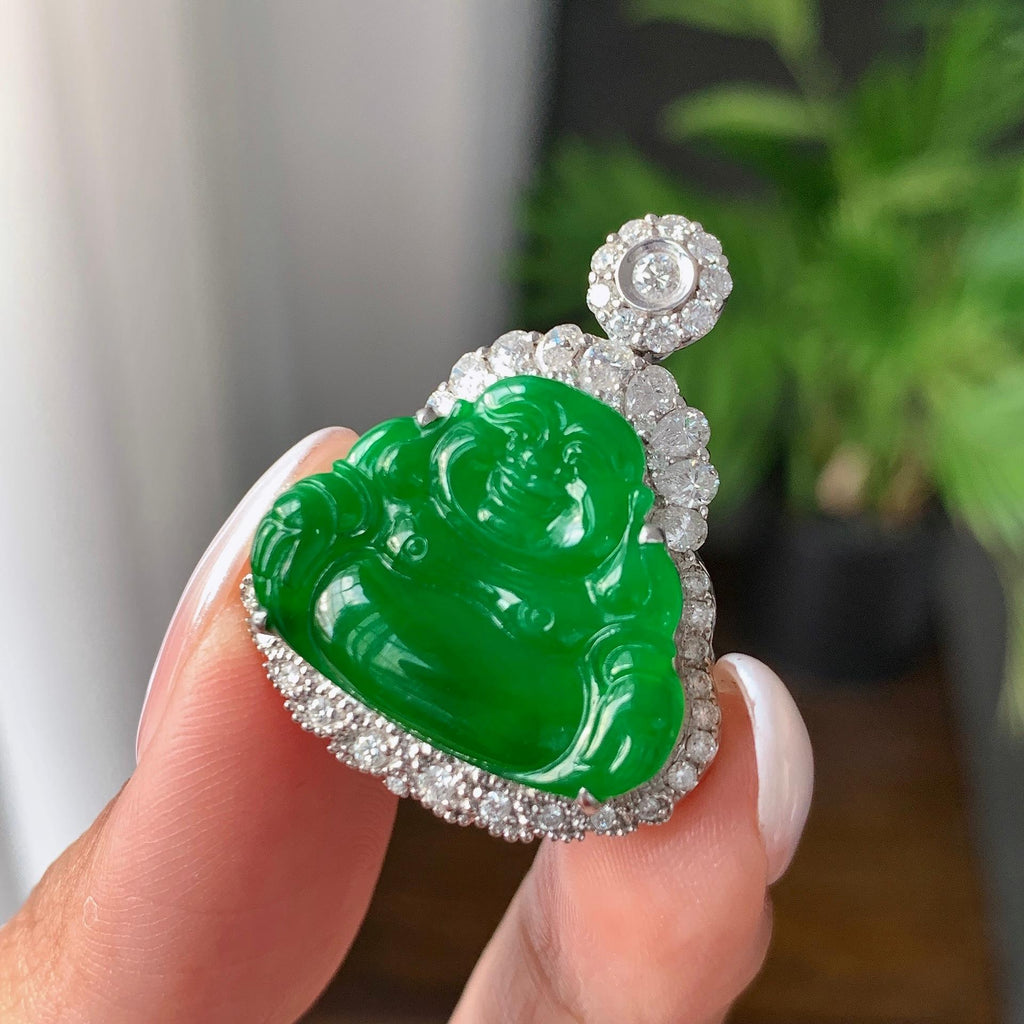 18K金钻镶糯冰种满绿佛公挂件（yc184974）