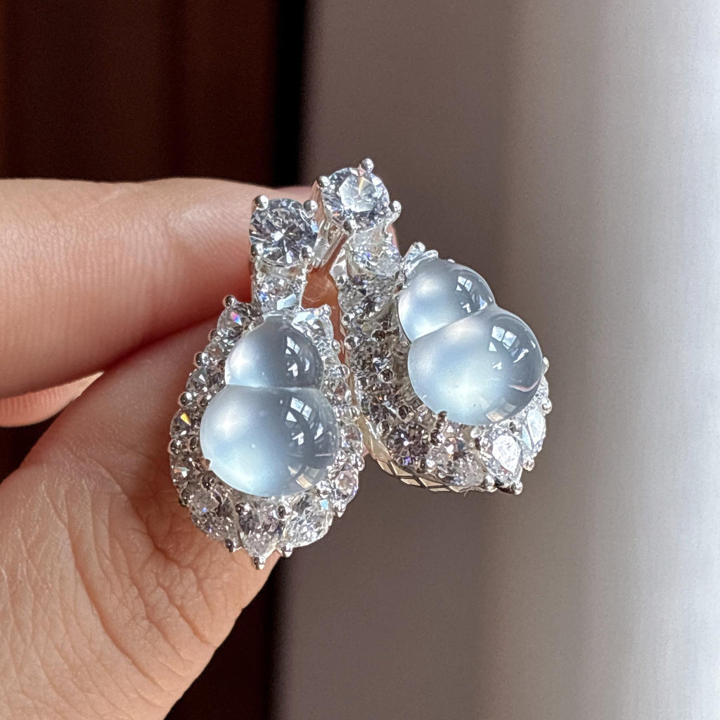 铜托玻璃种无色起光葫芦耳钉面一对 天然缅甸A货翡翠（yc473341）