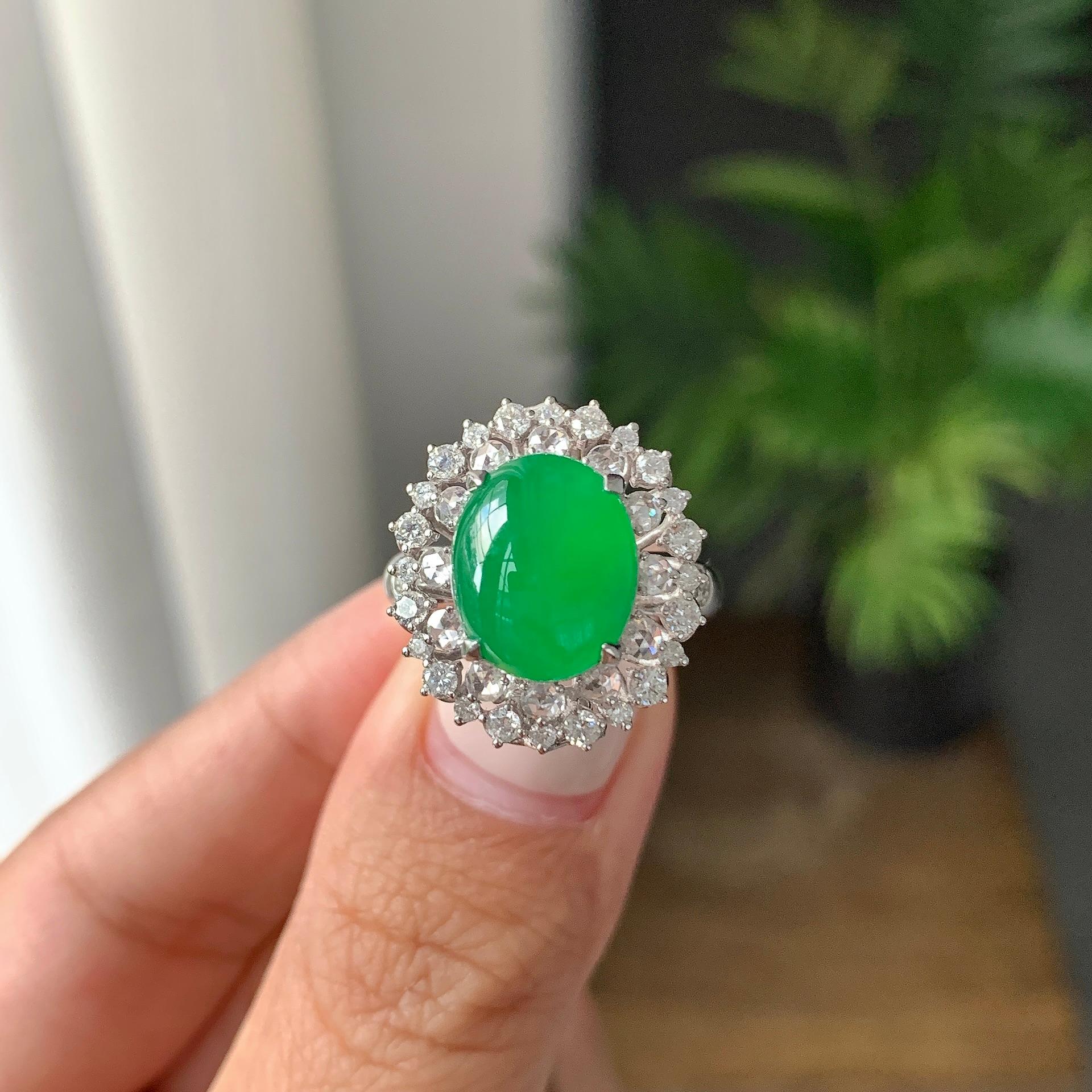 18k金钻镶糯冰种满绿蛋面戒指/手链（两用款）（yc231038）