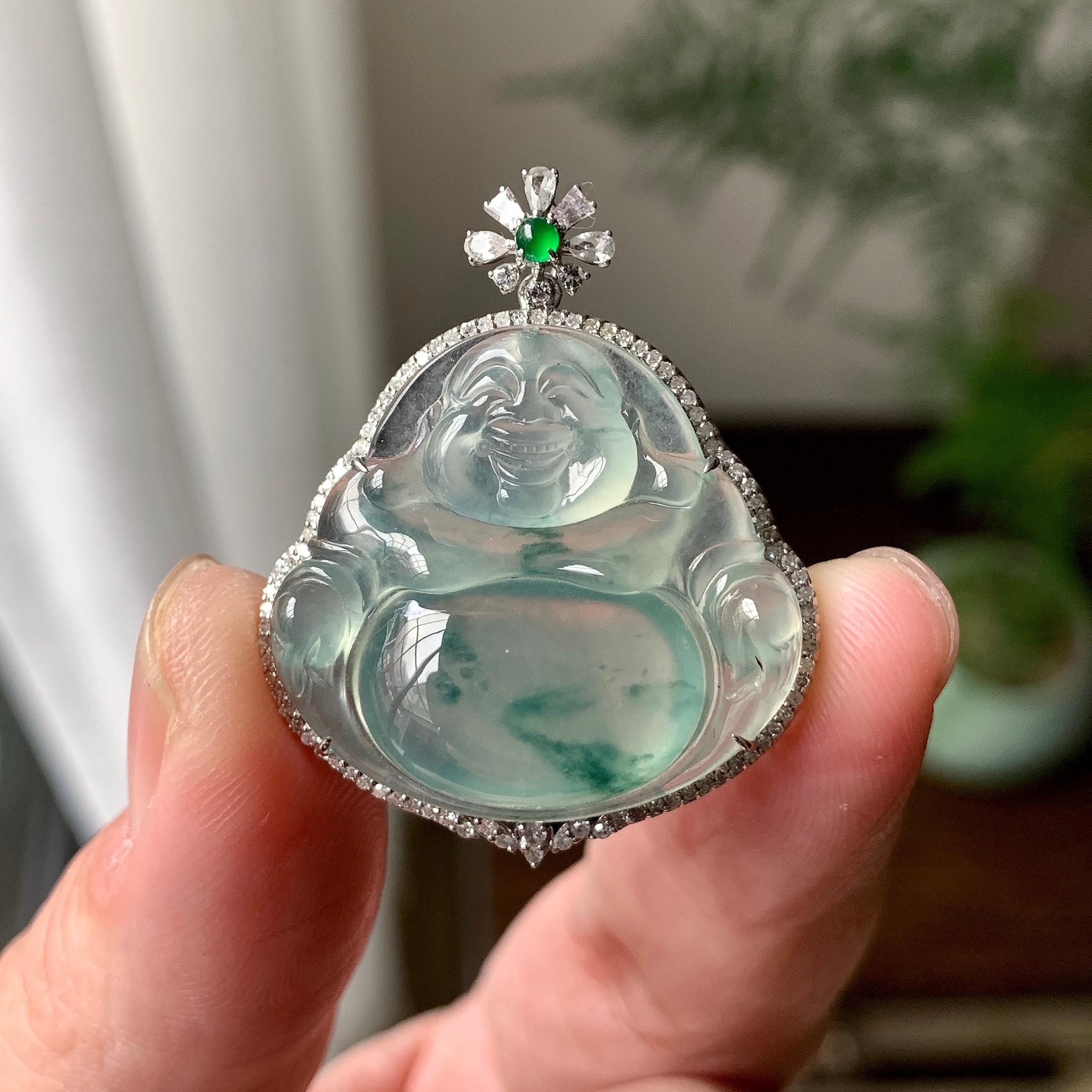 18K金钻镶糯冰种飘花佛公吊坠（yc261152）