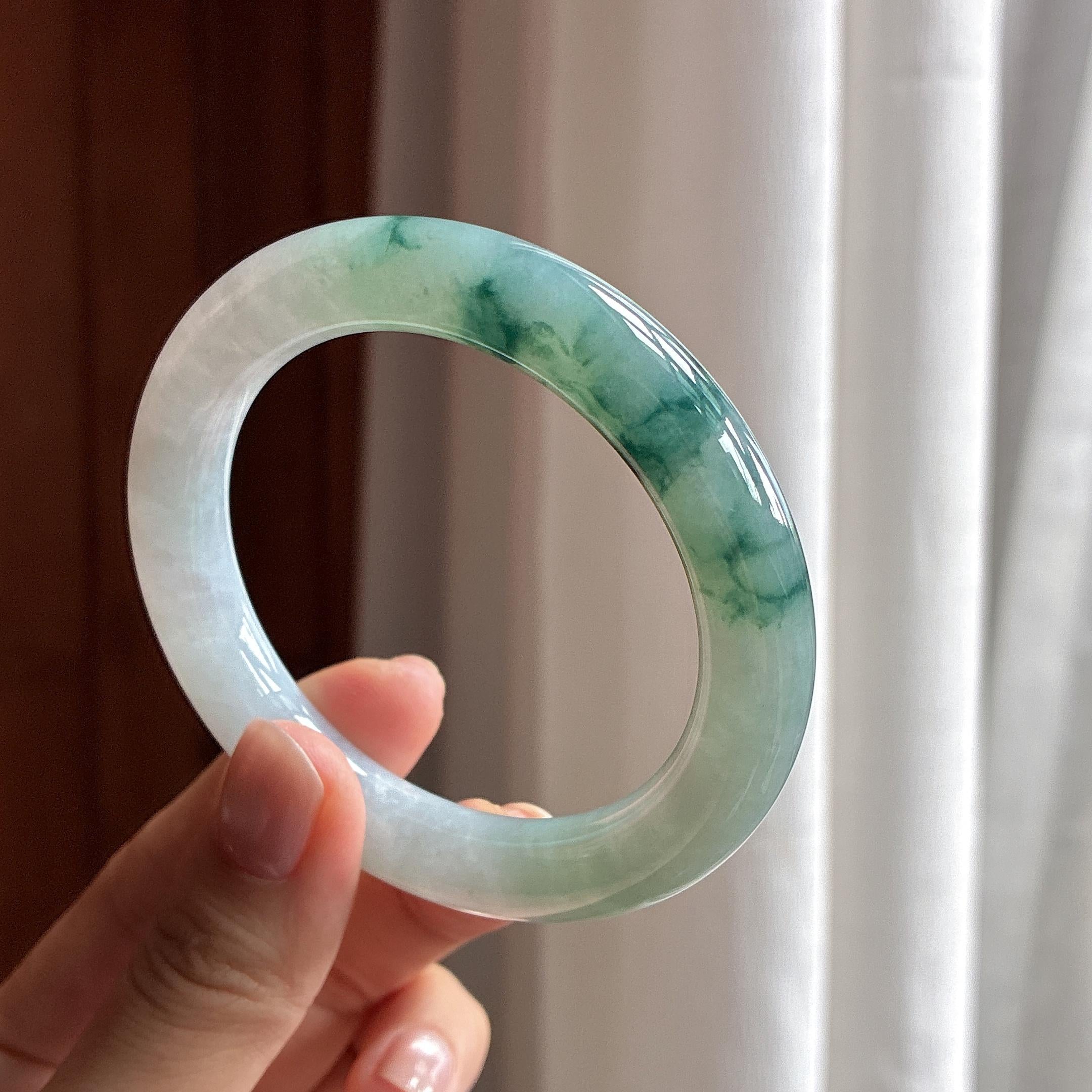 糯冰飘花圆条手镯 54圈 天然缅甸A货翡翠（yc464557）