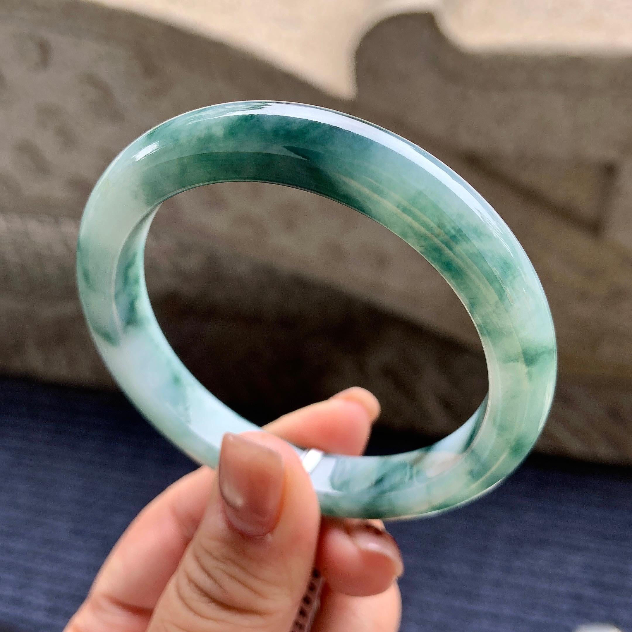 细糯种飘蓝花正圈平安镯 57圈口 天然缅甸A货翡翠（yc345011）