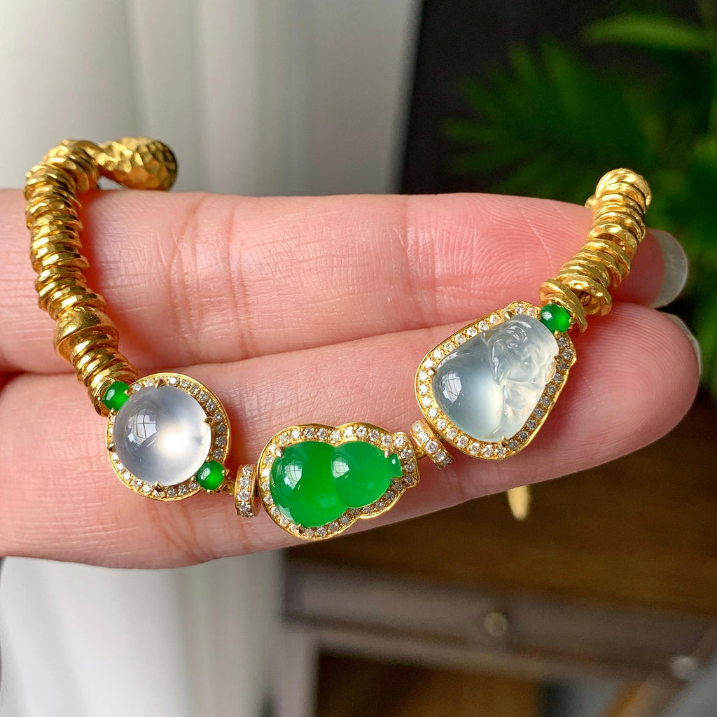 18K金钻+黄金镶糯冰种多彩盘缠手链（yc224991）