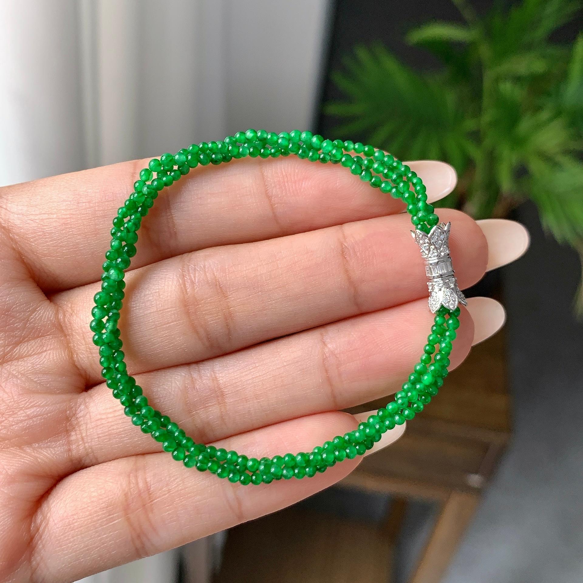 18k金钻镶糯冰种满绿小米珠手链（yc198901）