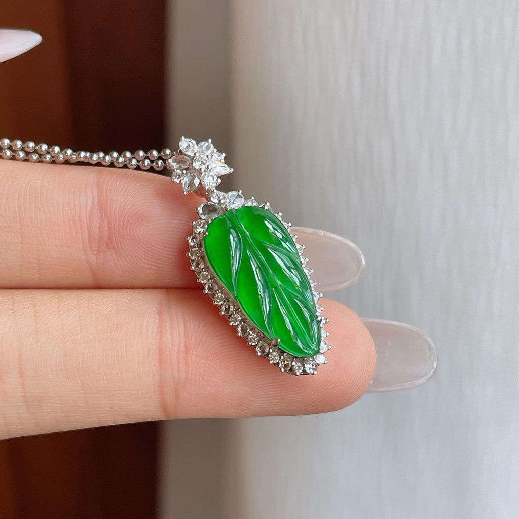 18k金钻镶冰种满绿翡翠叶子（yc267497）