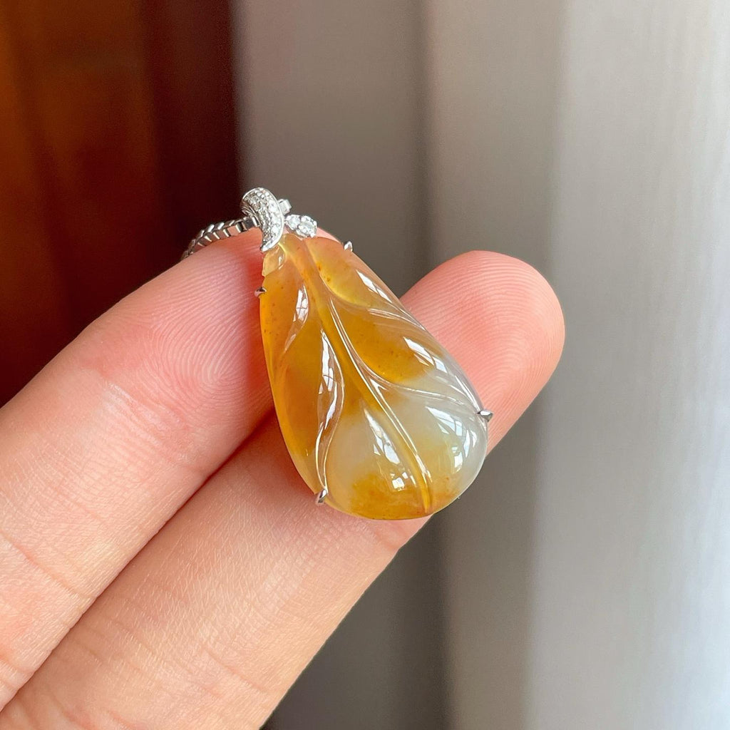 18k金镶糯冰黄翡翡翠叶子（yc247176）