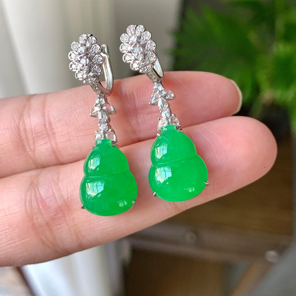 18K金钻镶糯冰种阳绿葫芦耳坠（yc248186）