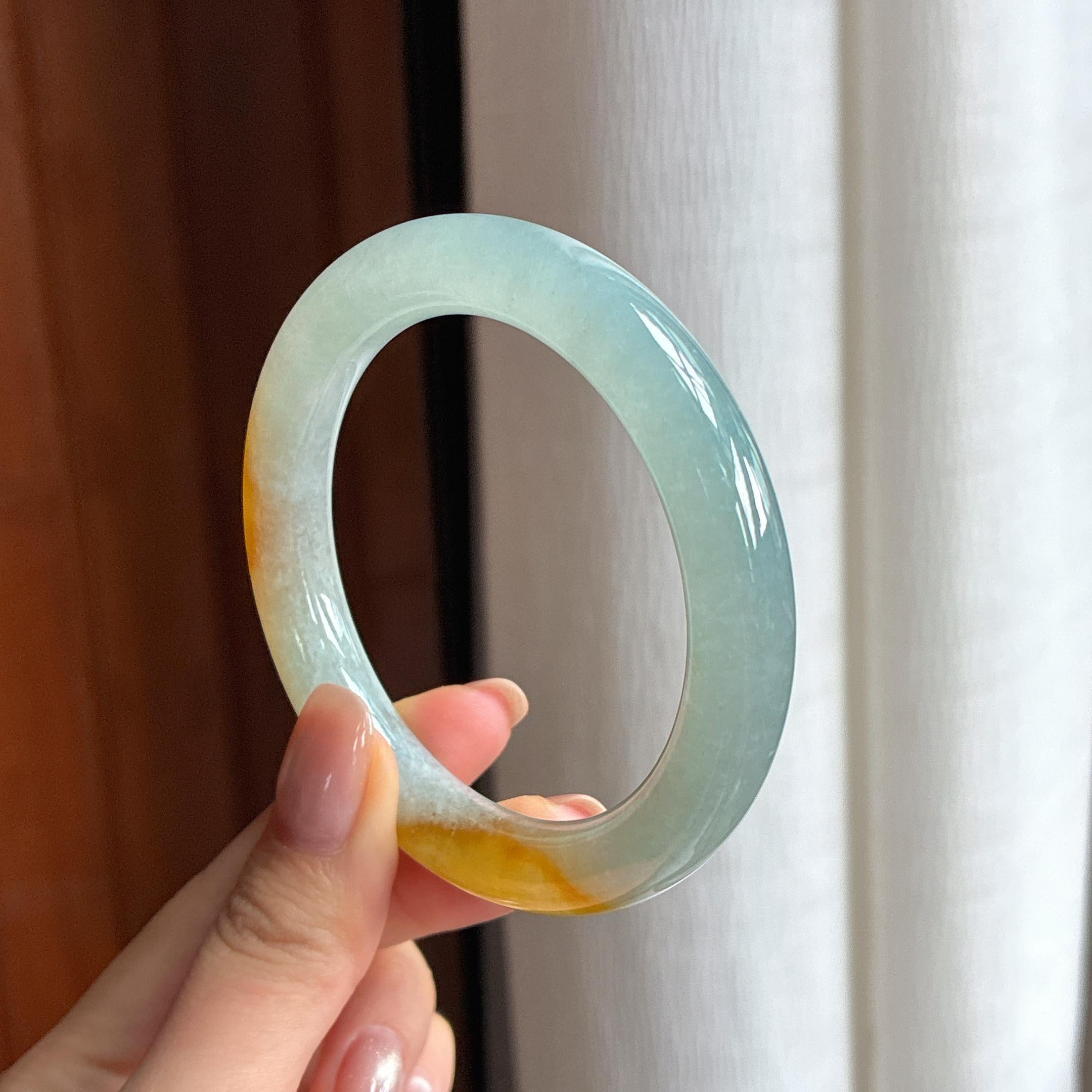 糯冰黄翡翡翠圆条手镯（yc426405）