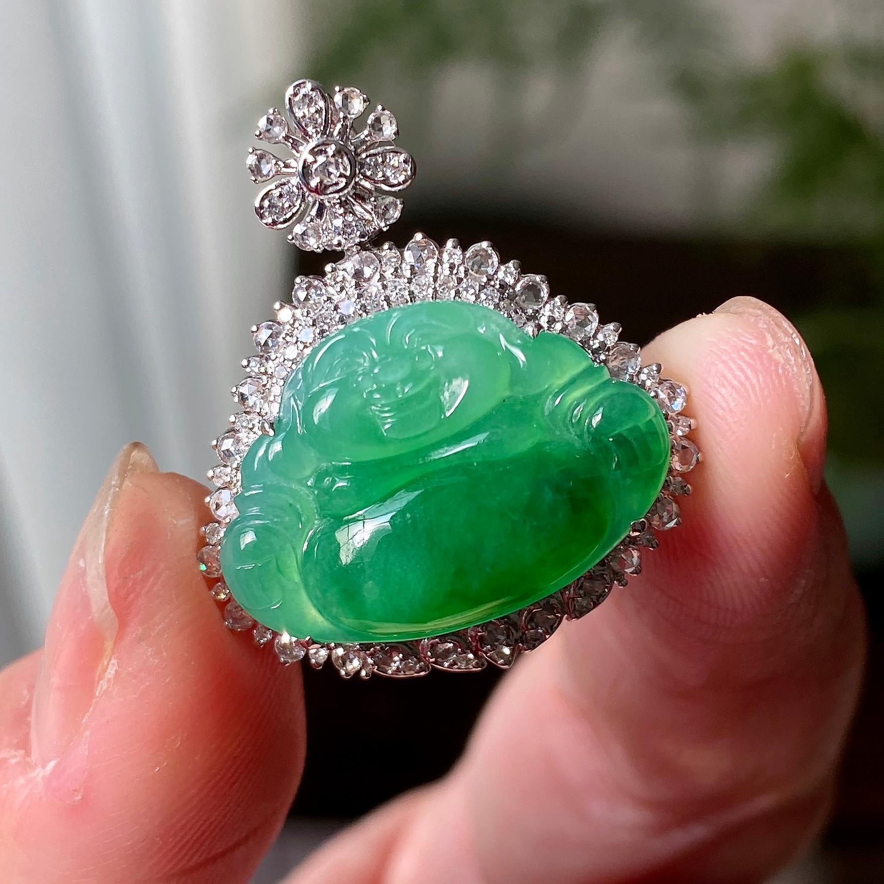 18K金钻镶糯冰种飘绿佛公吊坠 天然缅甸A货翡翠（yc315838）