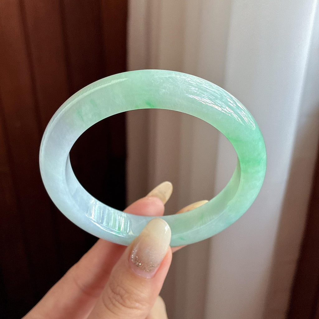 大圈口 糯冰春带彩正圈平安镯 60圈 天然缅甸A货翡翠（yc506909）