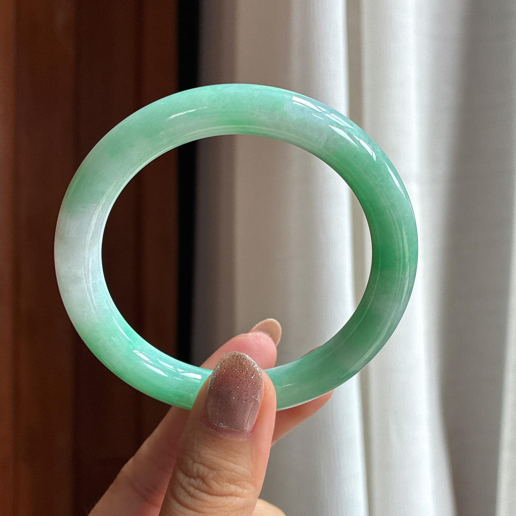 糯冰带色翡翠圆条手镯 57圈（yc436541）