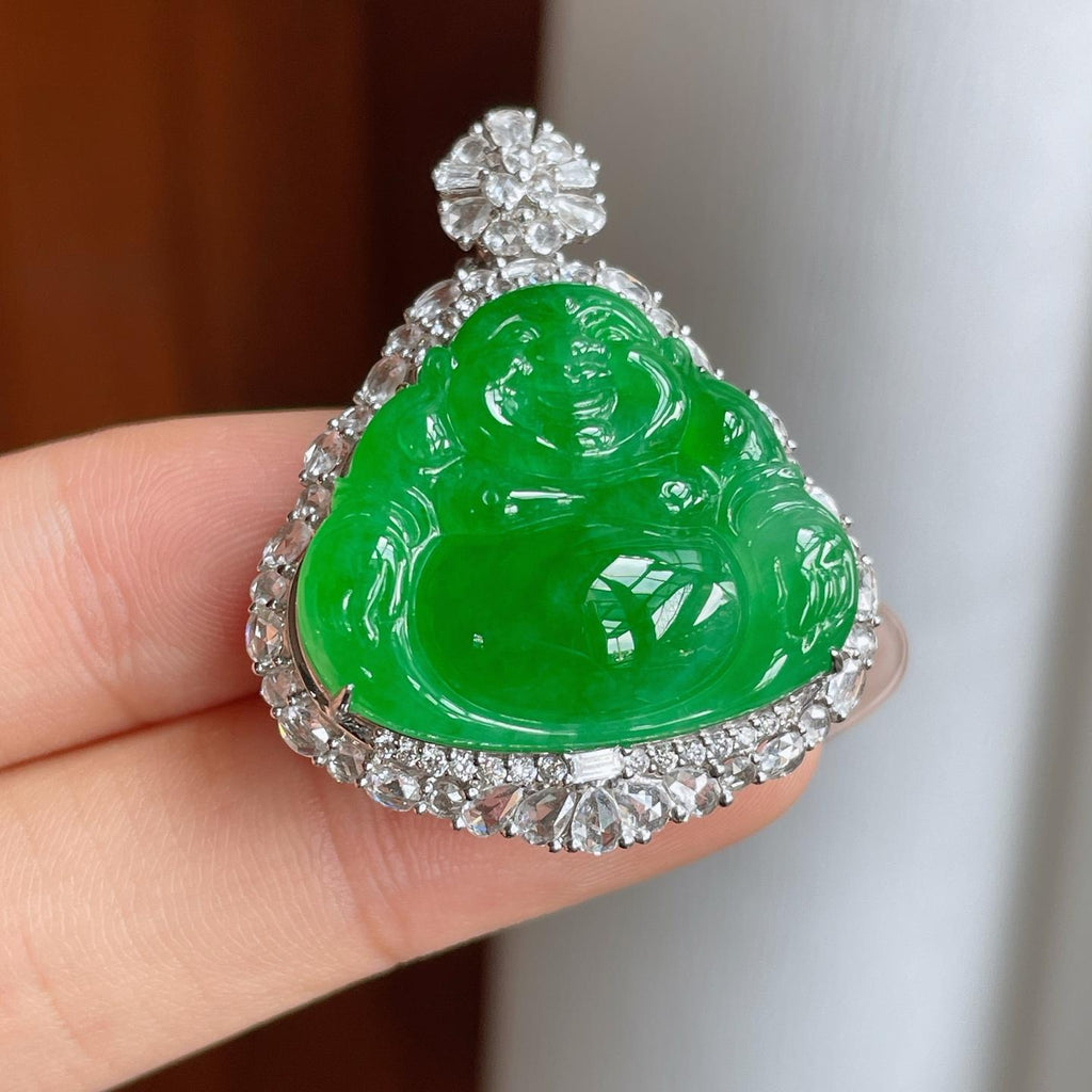 18k金镶糯冰满绿翡翠佛公（yc244909）