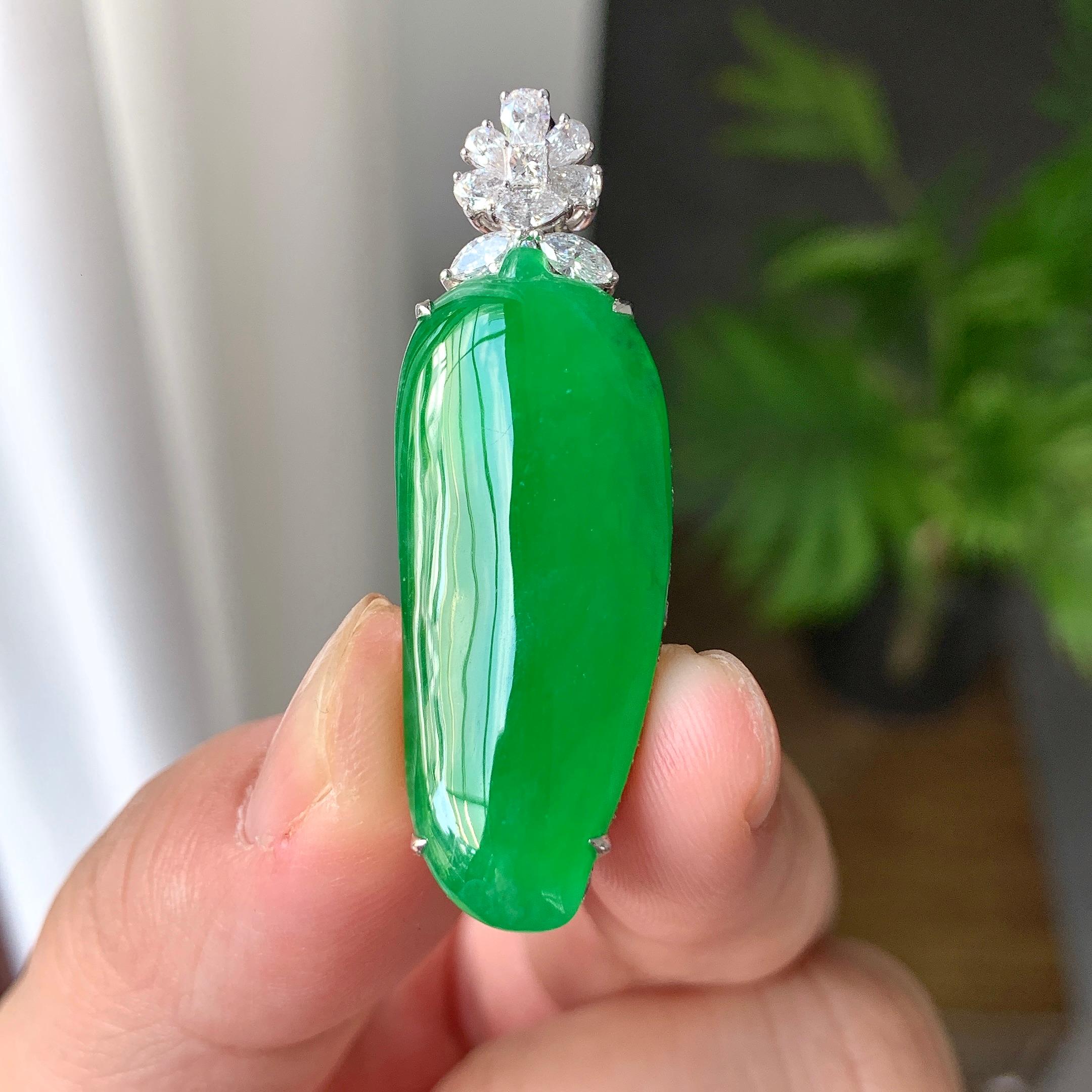 18K金钻镶糯冰种满绿福瓜吊坠（yc242679）