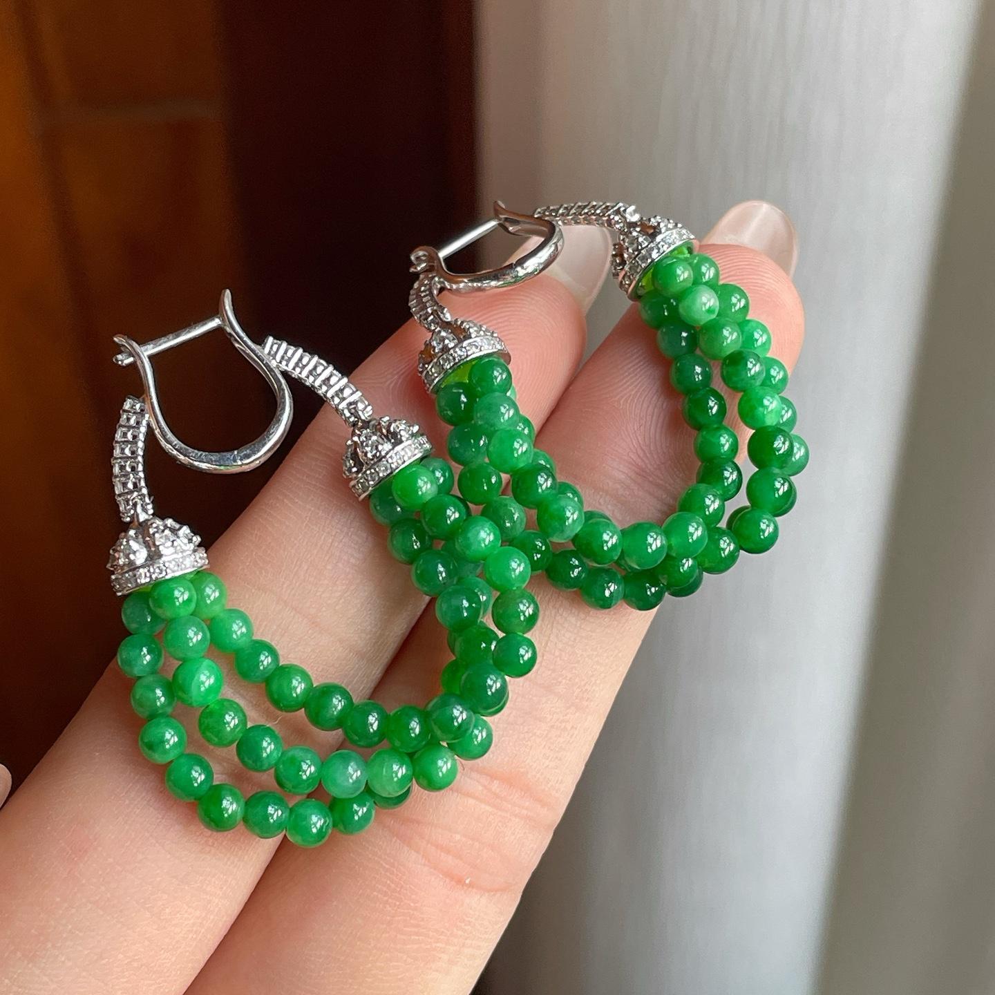 18k金镶糯冰满绿小米珠翡翠耳饰（yc246172）