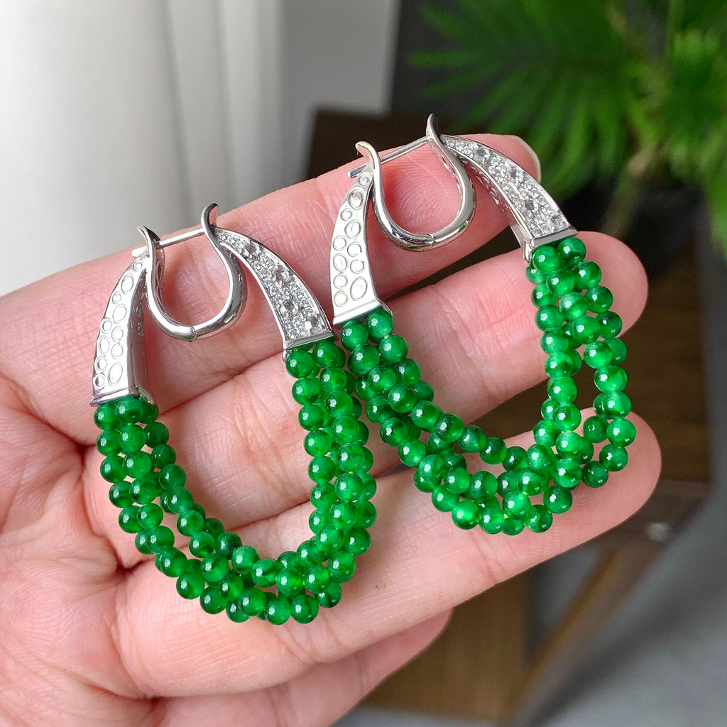 18K金钻镶糯冰种满绿小米珠耳坠（yc248205）