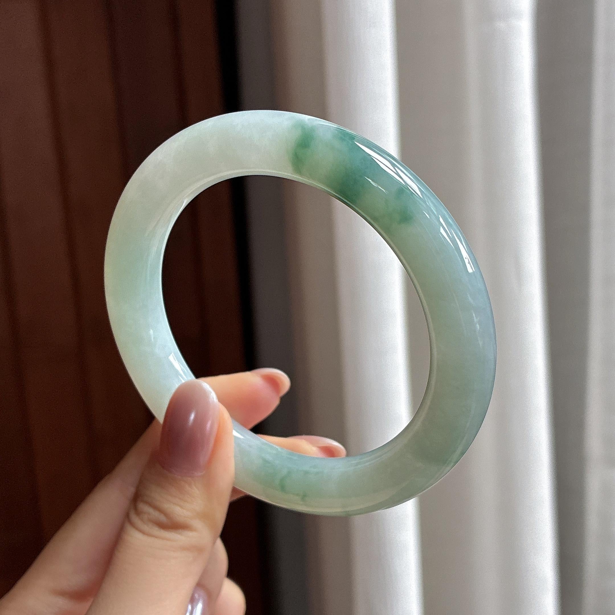 糯冰飘花圆条手镯 58圈 天然缅甸A货翡翠（yc504724）