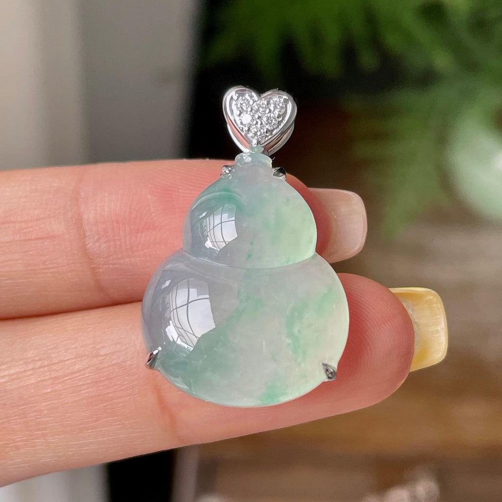 18k金钻镶糯冰种飘花葫芦吊坠    天然缅甸A货翡翠（yc362096）