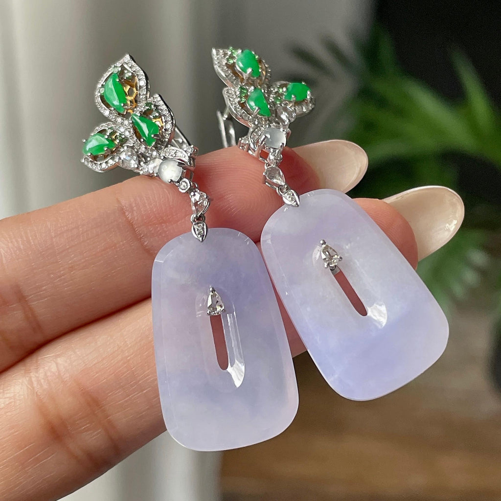 18k金钻镶细糯种淡紫罗兰方糖耳坠        天然缅甸A货翡翠（yc413308）