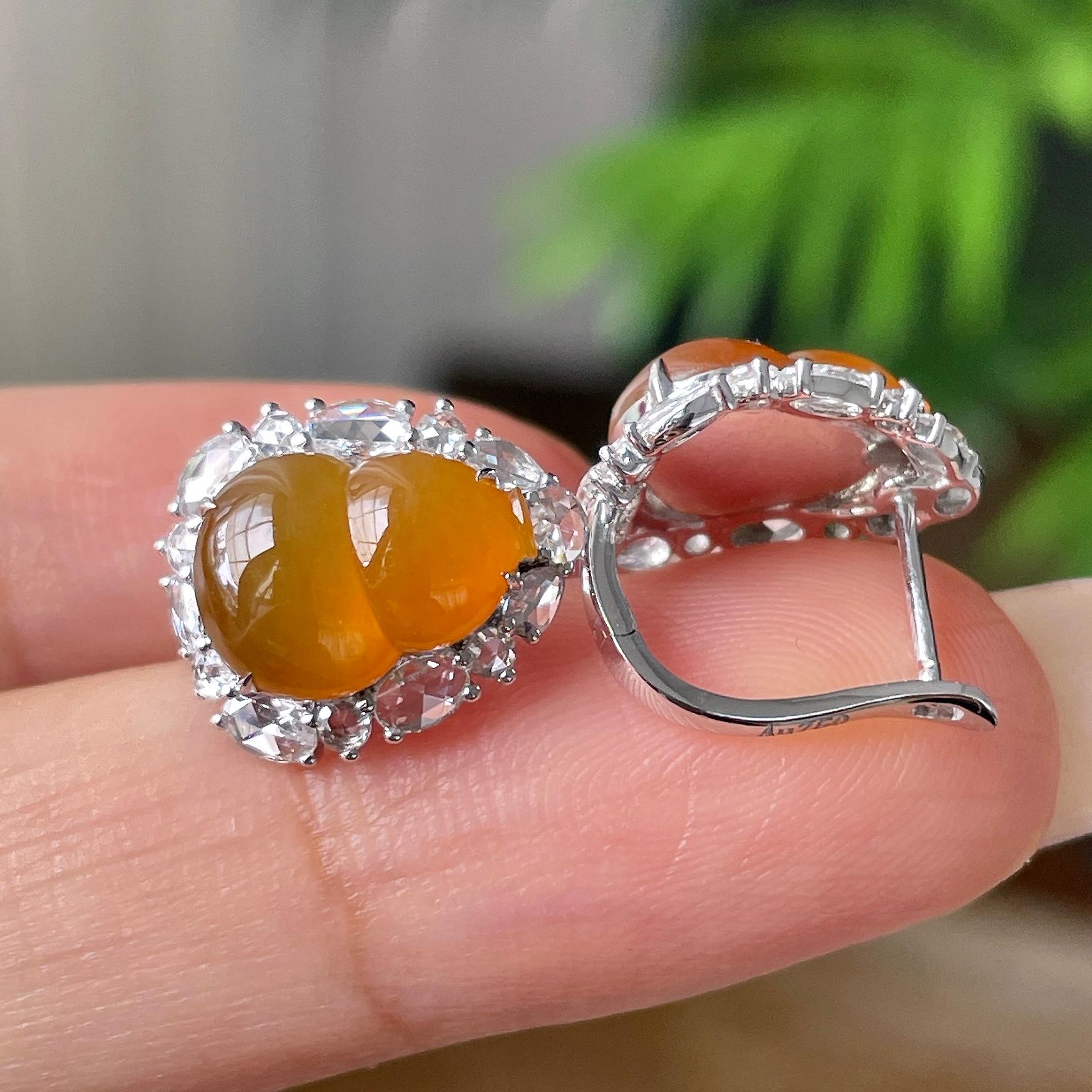 18k金钻镶冰种黄翡葫芦耳钉      天然缅甸A货翡翠（yc415660）