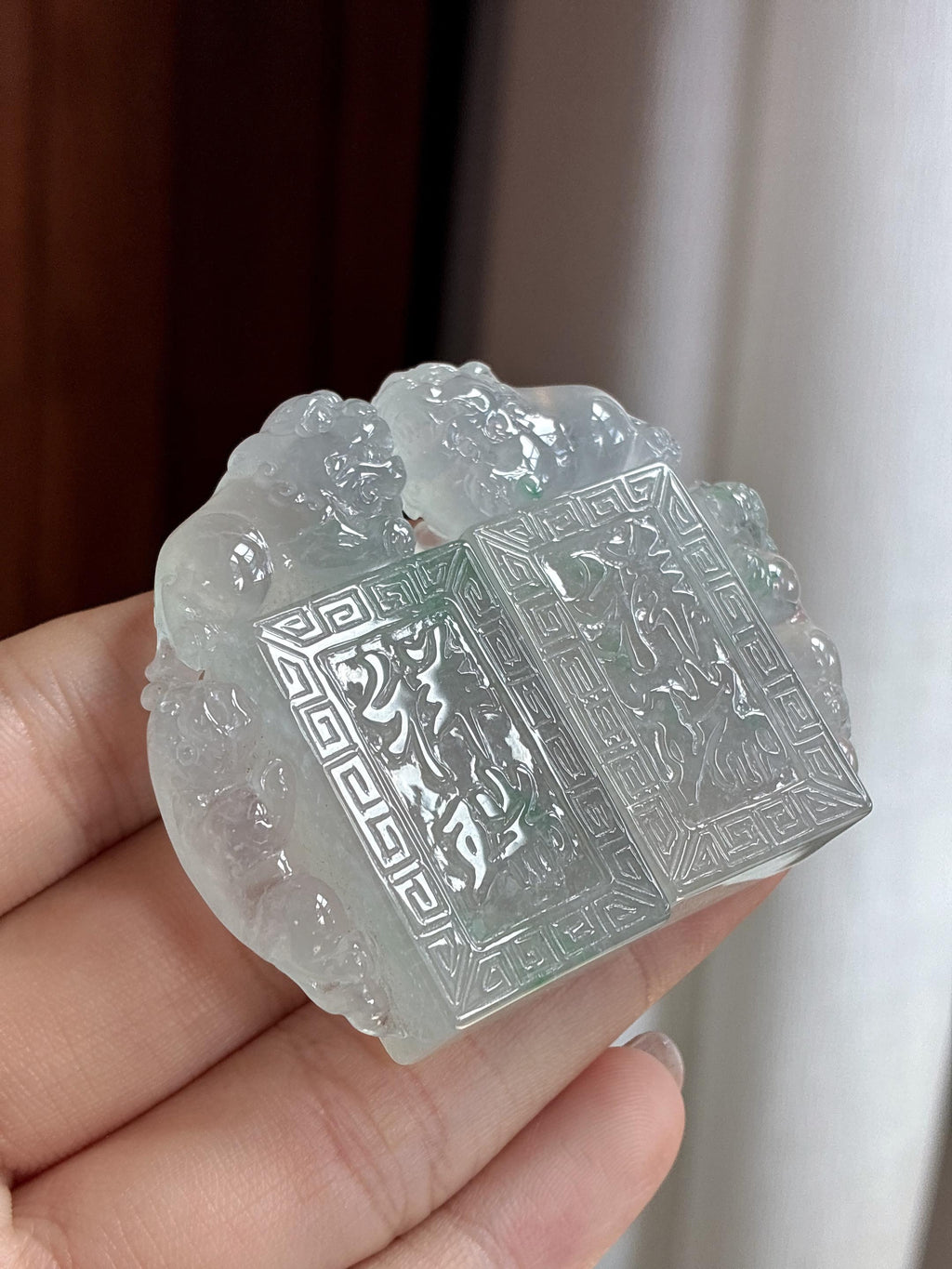 冰种飘绿花貔貅印章 天然缅甸A货翡翠(一对)（yc456284）