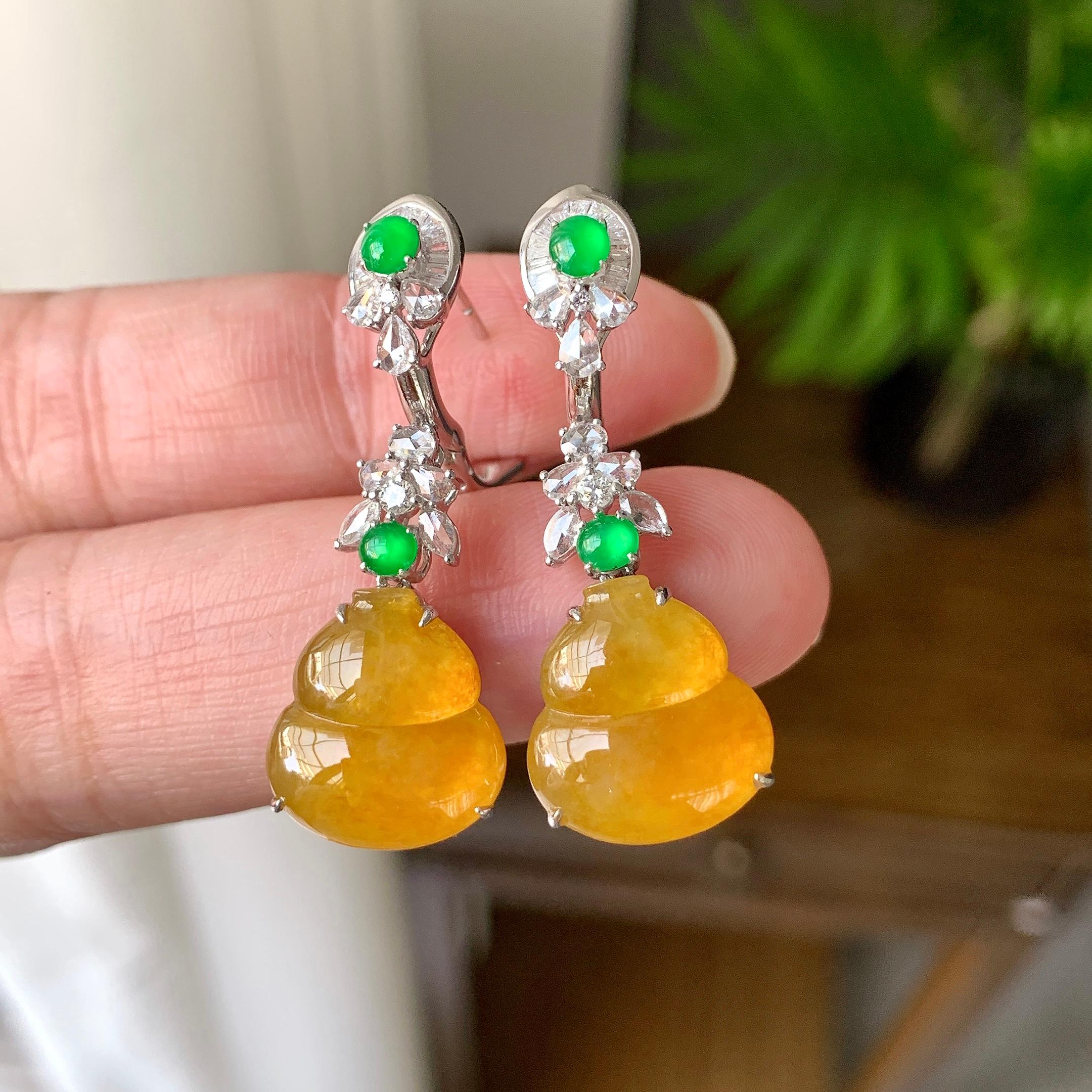 18K金钻镶糯冰种黄翡葫芦耳坠（yc248199）