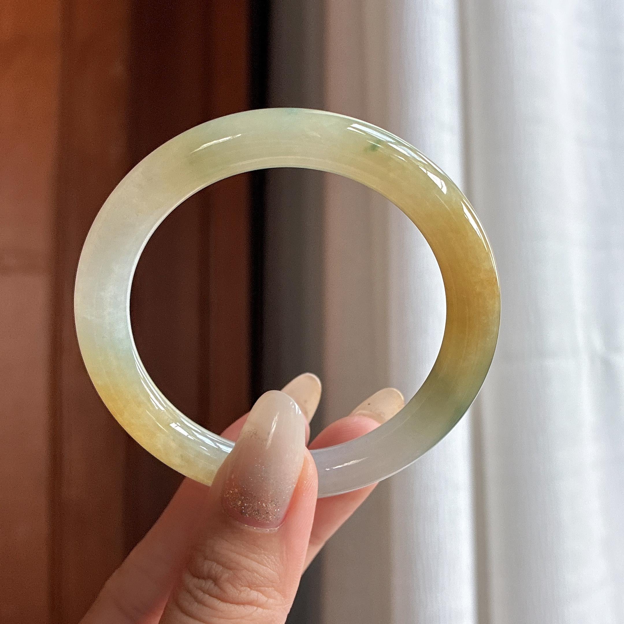 糯冰飘花黄翡特色圆条手镯 52圈 天然缅甸A货翡翠（yc484800）