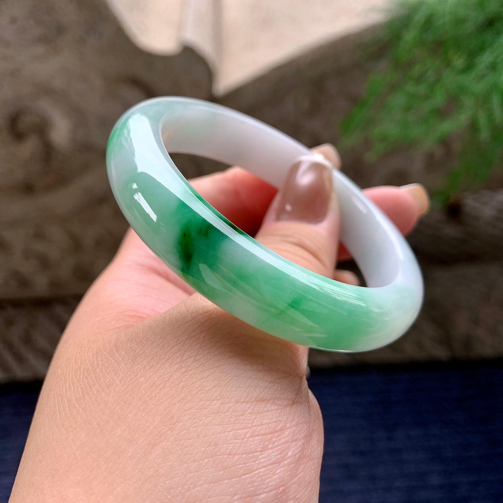 细糯种飘绿花正圈平安镯 55.2圈口 天然缅甸A货翡翠（yc372339）