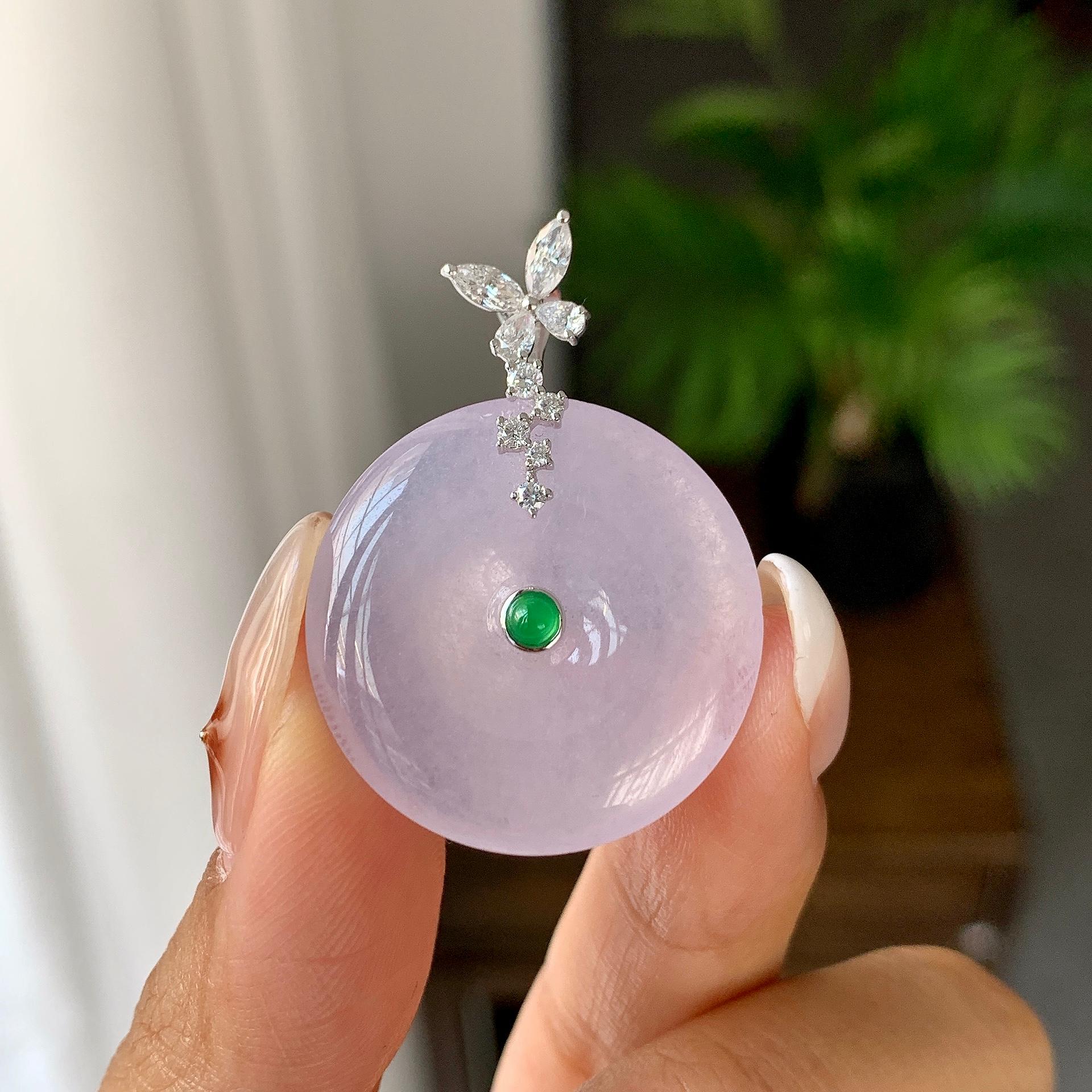 18K金钻镶糯冰种淡粉底平安扣吊坠（yc248216）