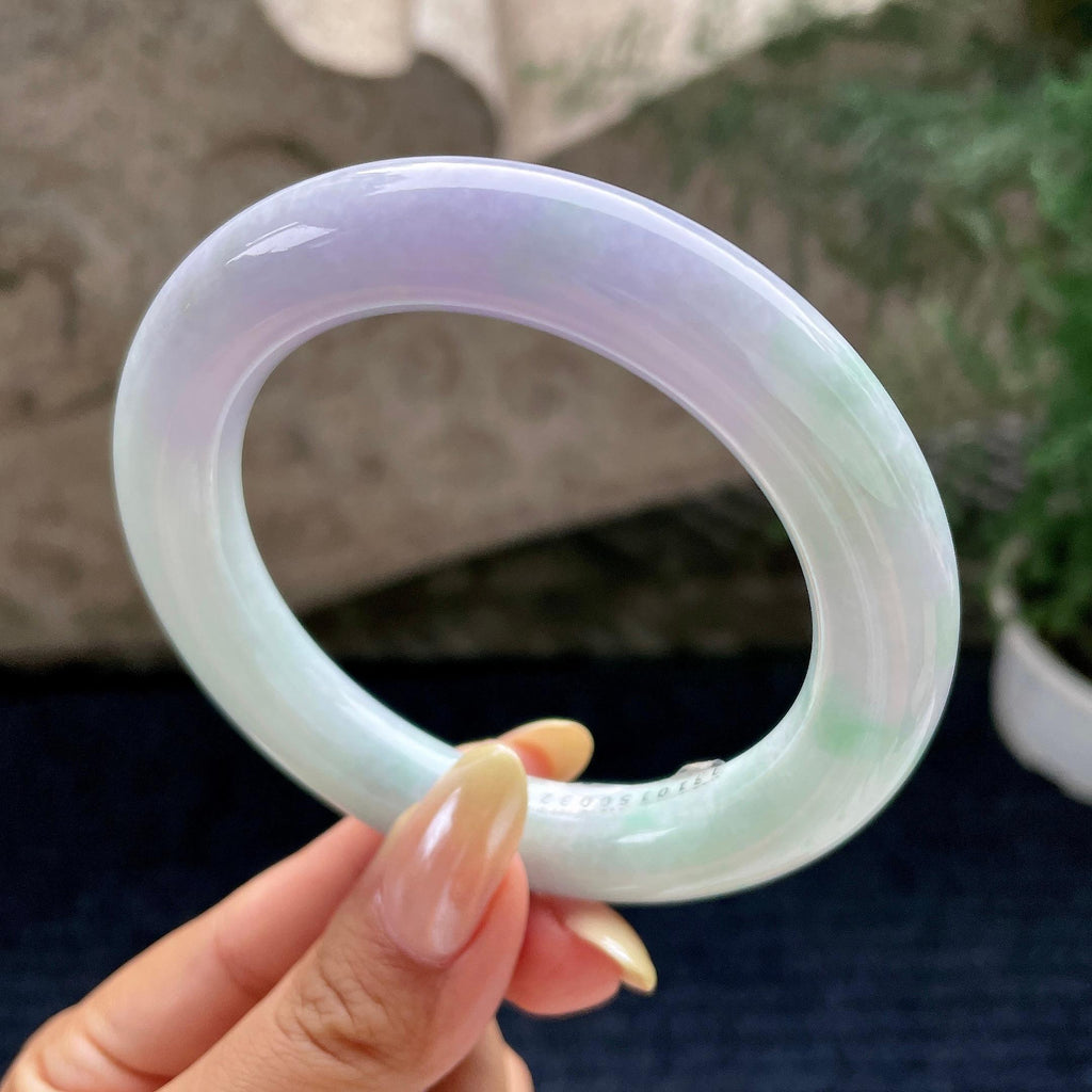 大圈口 细糯种春彩圆条手镯59圈 天然缅甸A货翡翠（yc461716）