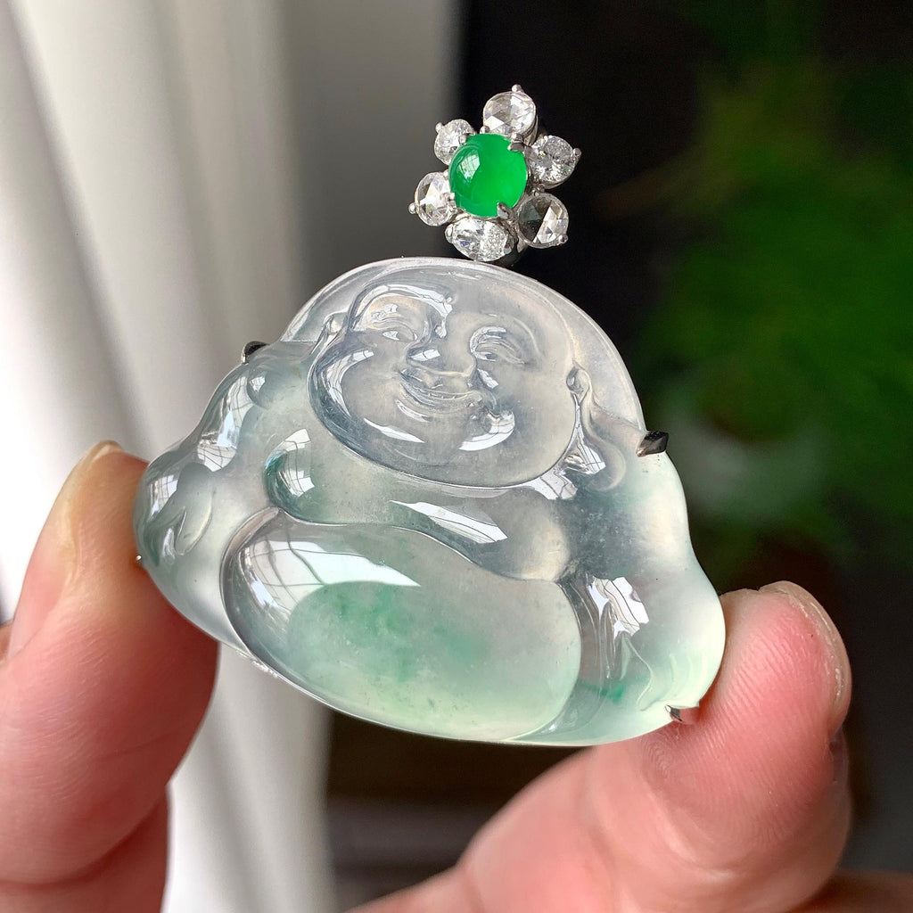 18K金钻镶冰种飘花佛公吊坠（yc192461）