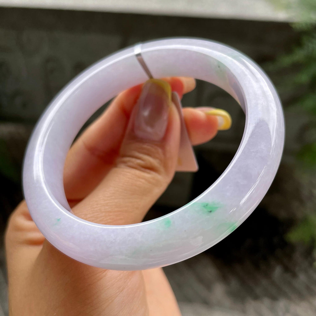 细糯种紫罗兰飘绿花正圈平安镯56.8圈            天然缅甸A货翡翠（yc383142）