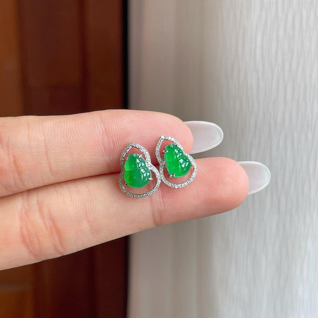 18k金钻镶冰种满绿葫芦翡翠耳钉（yc258409）