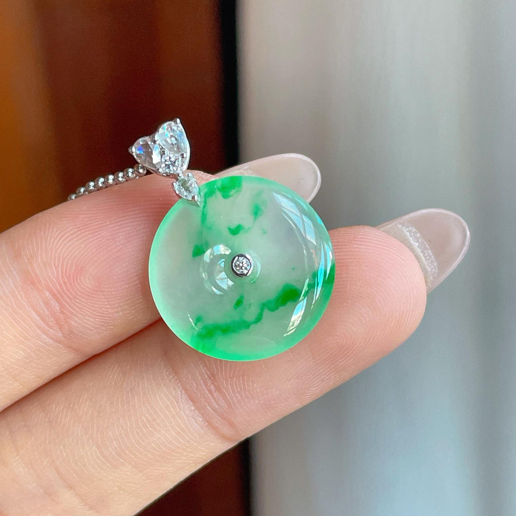 18k金扣冰种阳绿花翡翠平安扣（yc239328）