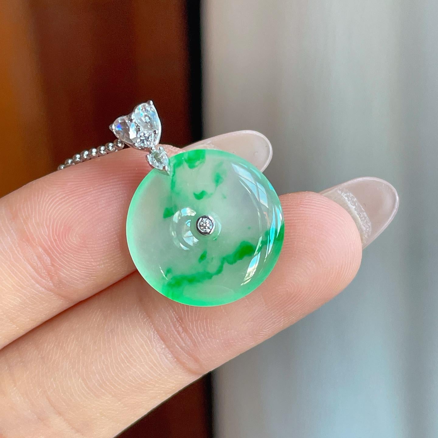 18k金扣冰种阳绿花翡翠平安扣（yc239328）