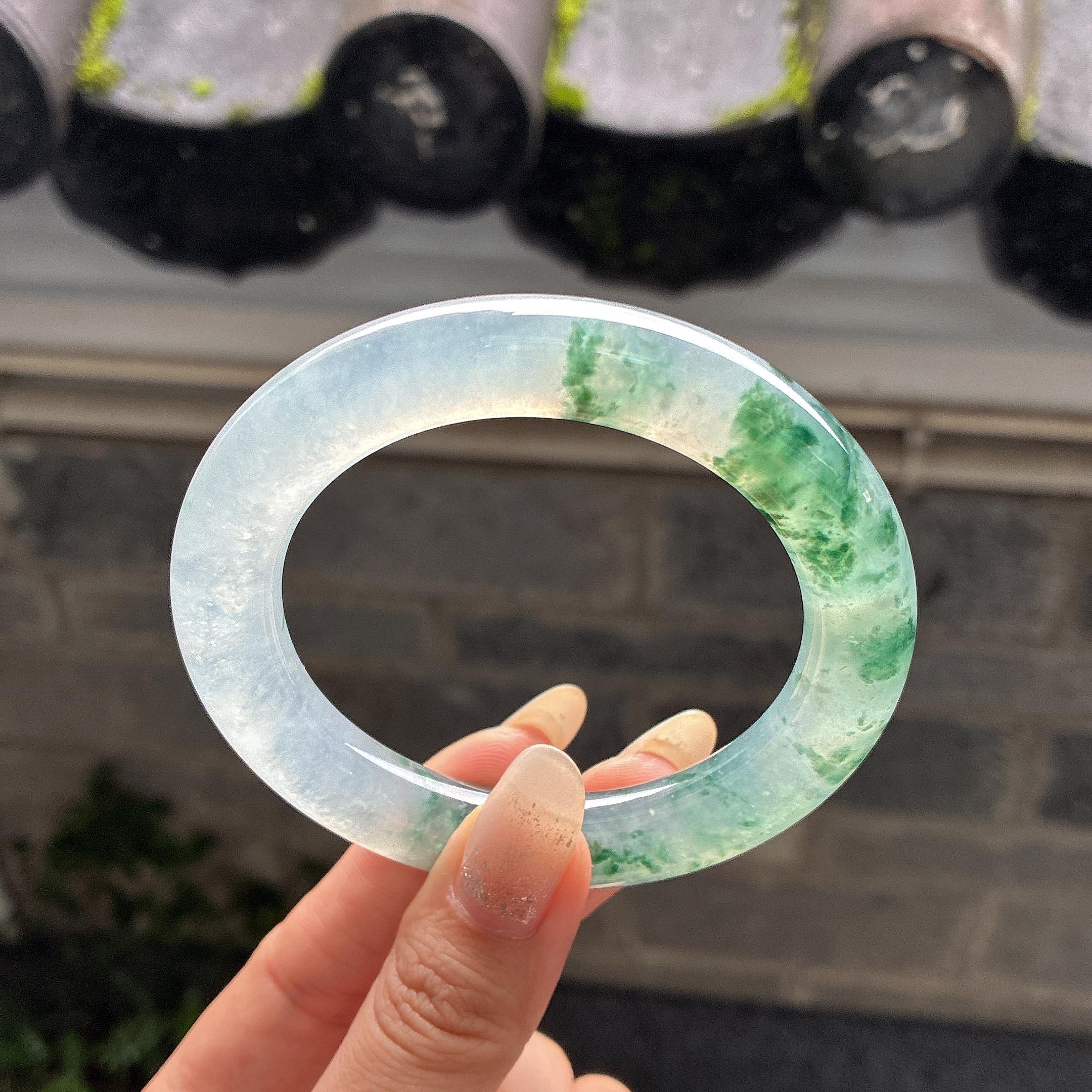 冰种起光圆条飘花手镯 58圈 天然缅甸A货翡翠（yc502122）