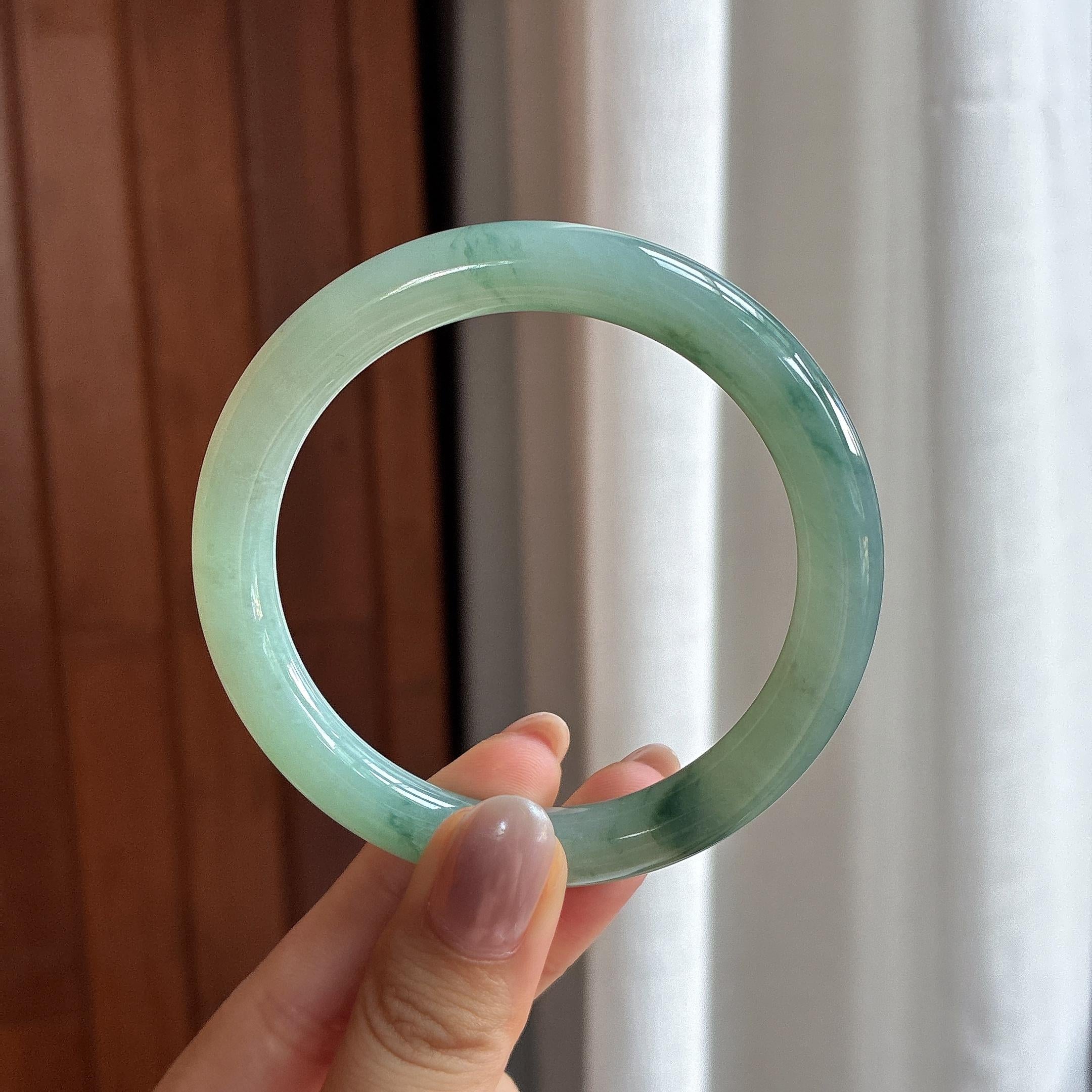 糯冰飘花圆条手镯 56圈 天然缅甸A货翡翠（yc507144）