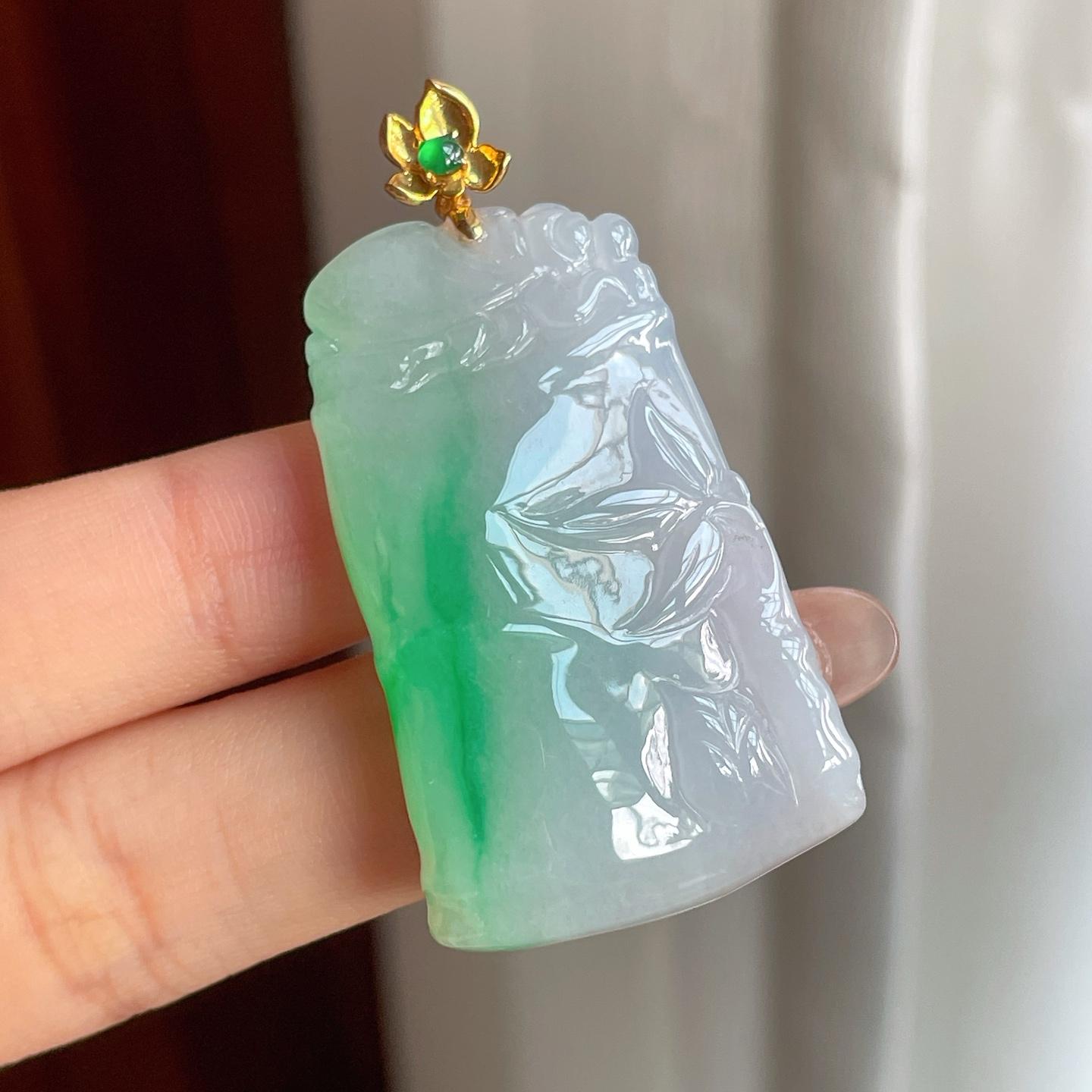 18k金扣糯冰种带色翡翠竹节挂件（yc187605）