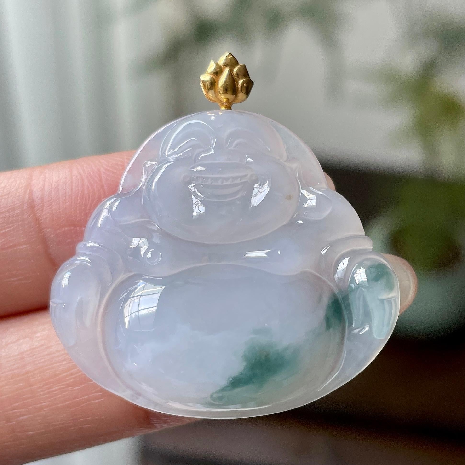 18k金镶细糯种飘蓝花佛公吊坠   天然缅甸A货翡翠（yc333347）