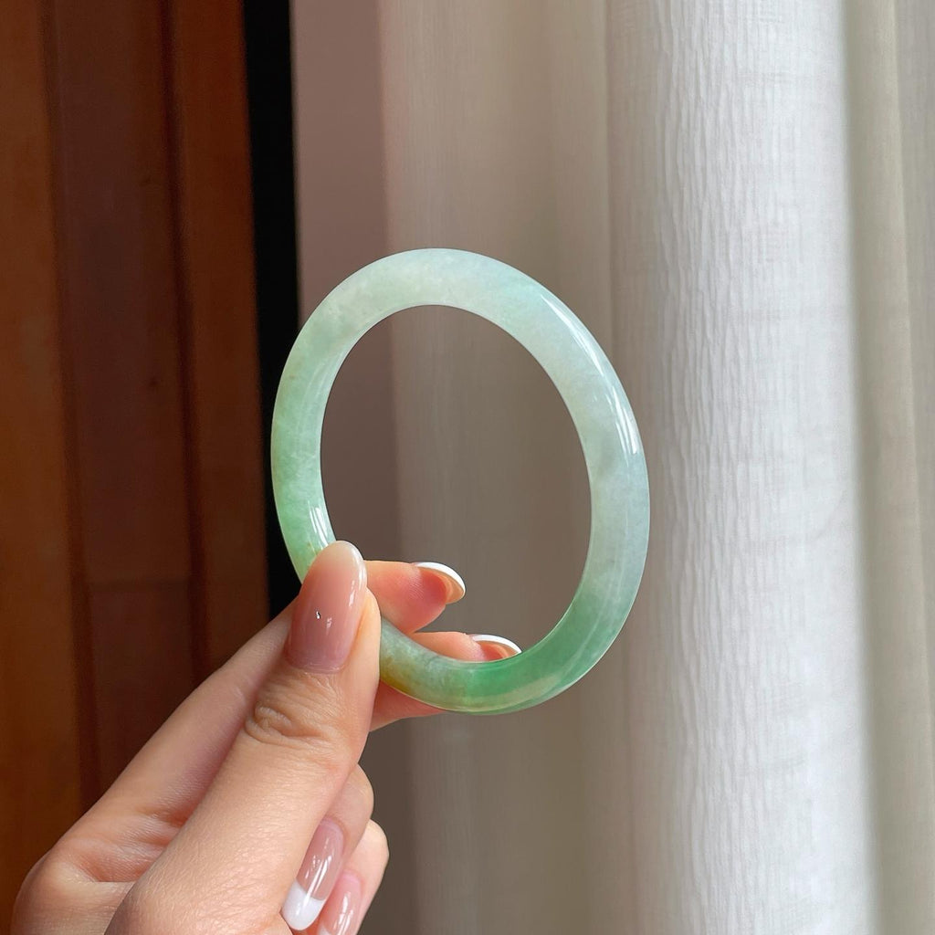 糯冰黄加绿翡翠圆条手镯（53.8mm)（yc381228）