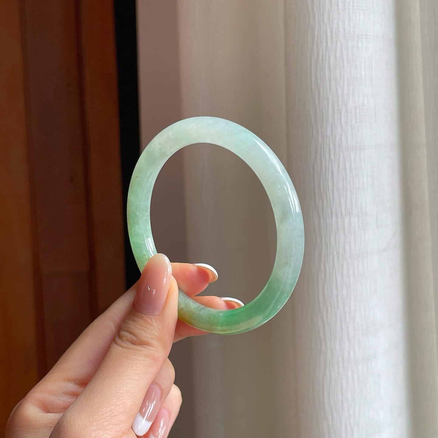 糯冰黄加绿翡翠圆条手镯（53.8mm)（yc381228）