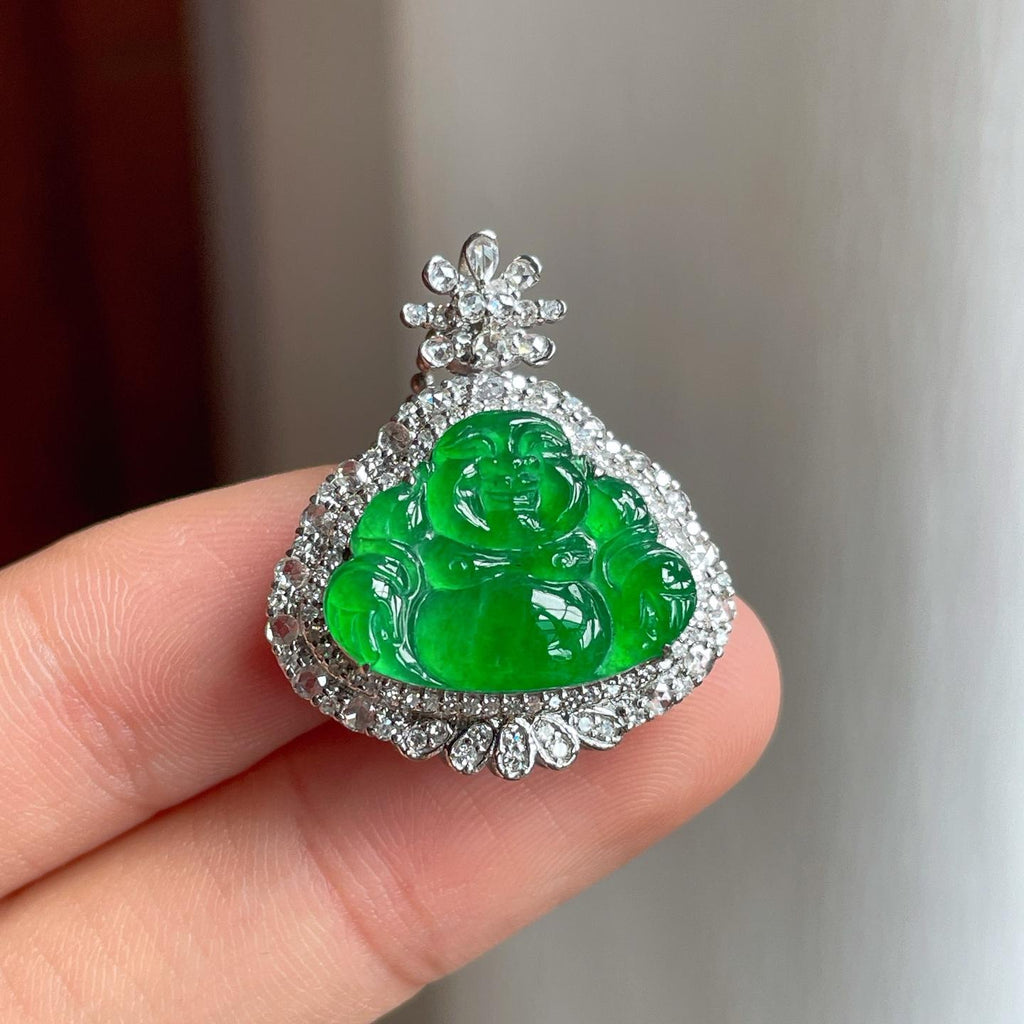 18k金钻镶冰种满绿翡翠佛公（yc257808）